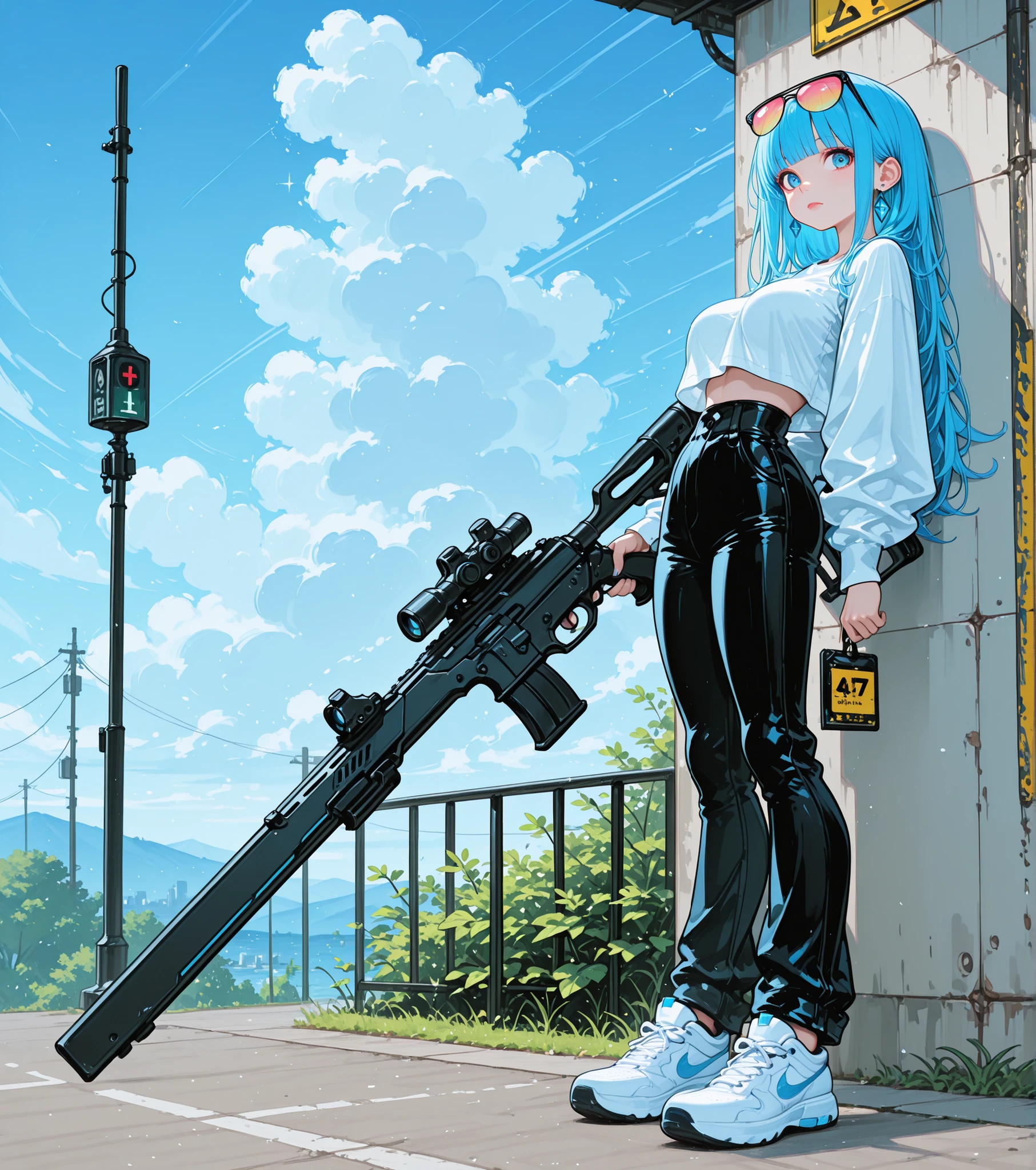 1girl, weapon, gun, solo, high-waist_pants, pants, eyewear_on_head, long_hair, holding_weapon, shoes, holding, sneakers, white_footwear, rifle, holding_gun, standing, looking_at_viewer, black_pants, blue_hair, crop_top_overhang, full_body, cloud, shirt, cloudy_sky, long_sleeves, sunglasses, white_shirt, crop_top, outdoors, sky, bangs, blue_eyes, lips, sign, breasts, tinted_eyewear, closed_mouth