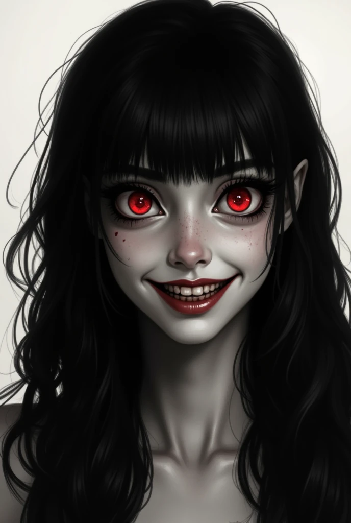 Anine biohazard girl, red sclera, glowing pink eyes, sadistic and scatterbrained, dumb and evil, sexy, smug face sharp teeth