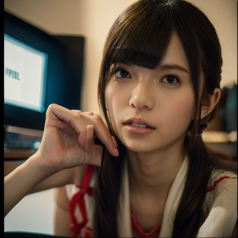 (Best-quality, Masterpiece, Ultra-High-Resolution, (Photorealistic:1.4), Raw Photo, depth of field, professional lighting, perfect anatomy, extremely details), 1girl, 15-years-old, the most famous Japanese idol, ((in office-room, working with computer)), (wearing casual-clothes with cute-design), (extremely cute face like the most popular Japanese idol, ((extremely cute and extremely big round-eyes)), extremely beautiful and extremely realistic hair), (((extremely beautiful and extremely realistic skins):1.3)), extremely beautiful and extremely realistic long-eyelashes, extremely beautiful and extremely realistic lips, detailed office-room, detailed computer