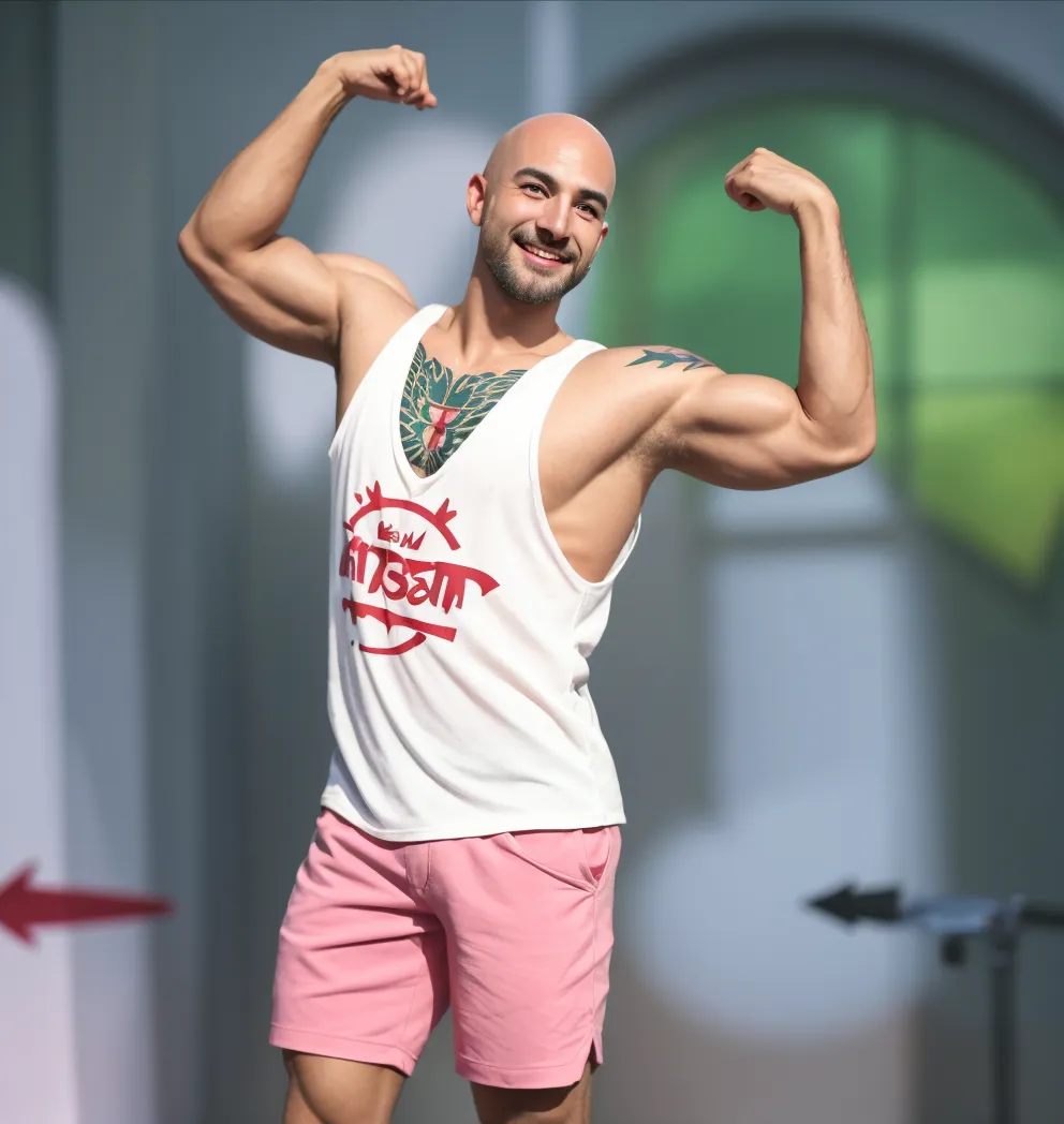 a Brazilian man with short hair, bearded face, red bikini, bulge posing on a stage with his arms up and a smile on his face, a portrait by Byron Galvez, featured on instagram, Baroque, body builder physique, Physicist exagerado, Physicist muscular exagerado, Mr. Universe, big fit ass, long, stark, Physicist |, corpo fitness ifbb, body builder posing, body builder, body builder body, ernest khalimov body