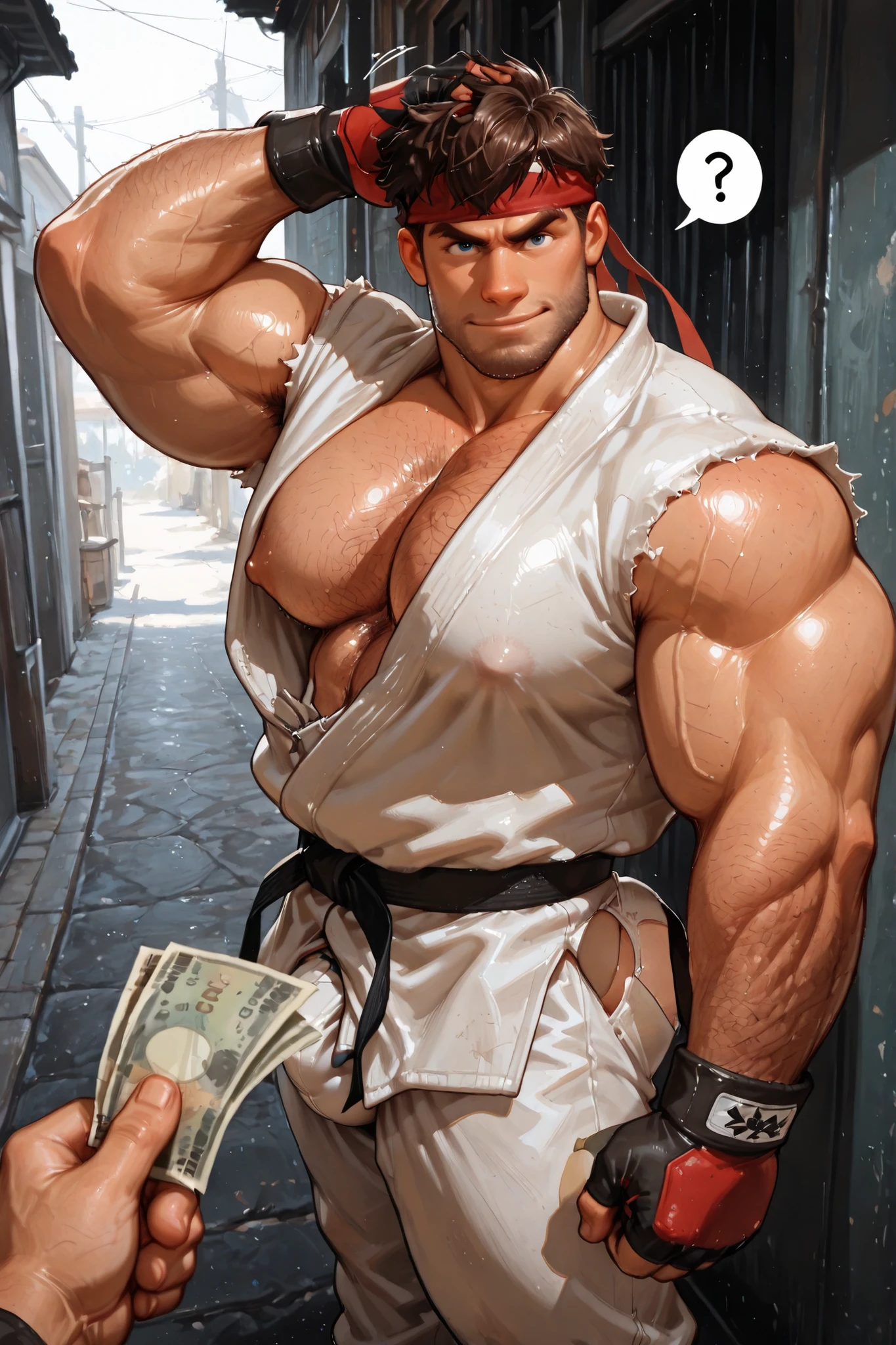 muscular,traditional media, realistic, , male, bara, gay, 1man, very awa, intricate details, puffy nipples, handsome male, Masterpiece, best quality, male, huge ass, huge beefy muscular, gay men, handsome face, thick body, huge chest, big chest , man, bara, perfect body, perfect anatomy, masculine, hairy, big , big body, perfect proportional, dramatic lighting, , gta v light ambience, , detailed shading, body hair, beefy thick body,, attitude, gothic_art, male, 1boy, pov, red headband, v-shaped eyebrow, looking at viewer, money on hand, karate uniform, gloves, white thong,