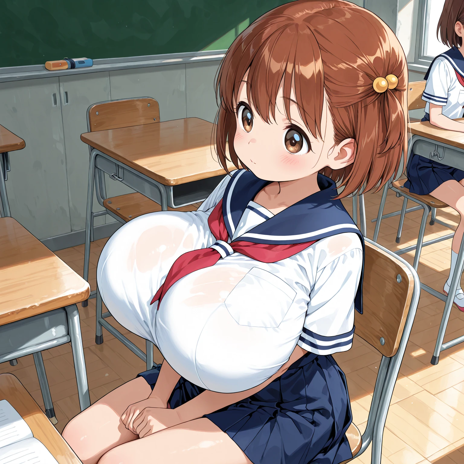 yuiyuigahama, yui yuigahama, short hair, (Brown eyes:1.5), (Orange Hair:1.2), Hair Bun, single Hair Bun, smile,
School swimsuit,1 Girl, alone, Huge breasts, Open your mouth, Looking at the audience, Skin dents,White background,