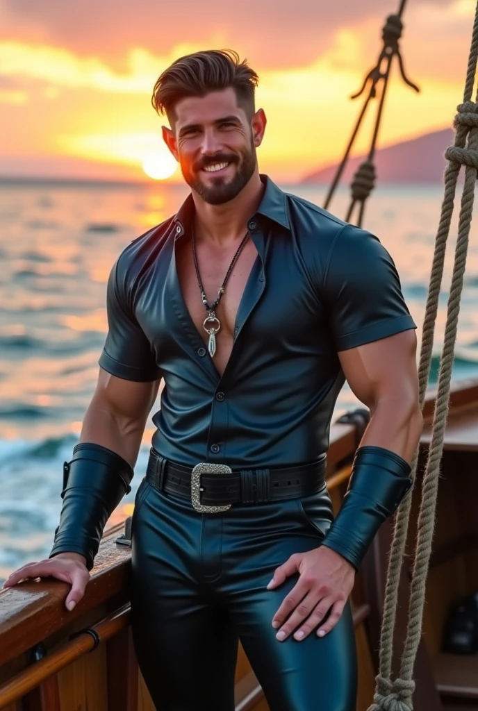 mature man, Extremely muscular, Brown eyes, shoulder length brown hair, in brown Greek Evzone with red trim, high black boots, On open air, wooden ship deck, 8K, Unreal engine, very detailed, dramatic angle,,