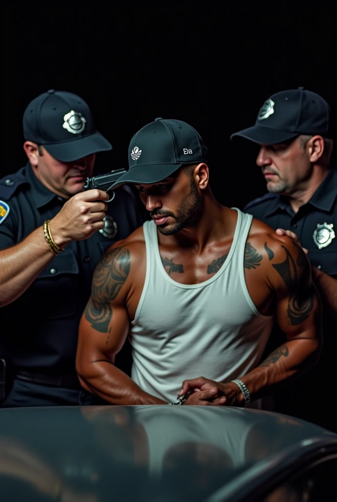 Strong uniformed police officer pointing a pistol at a thin, muscular mixed race man, wearing no shirt, in white underwear and flip-flops, with your hands on your head.