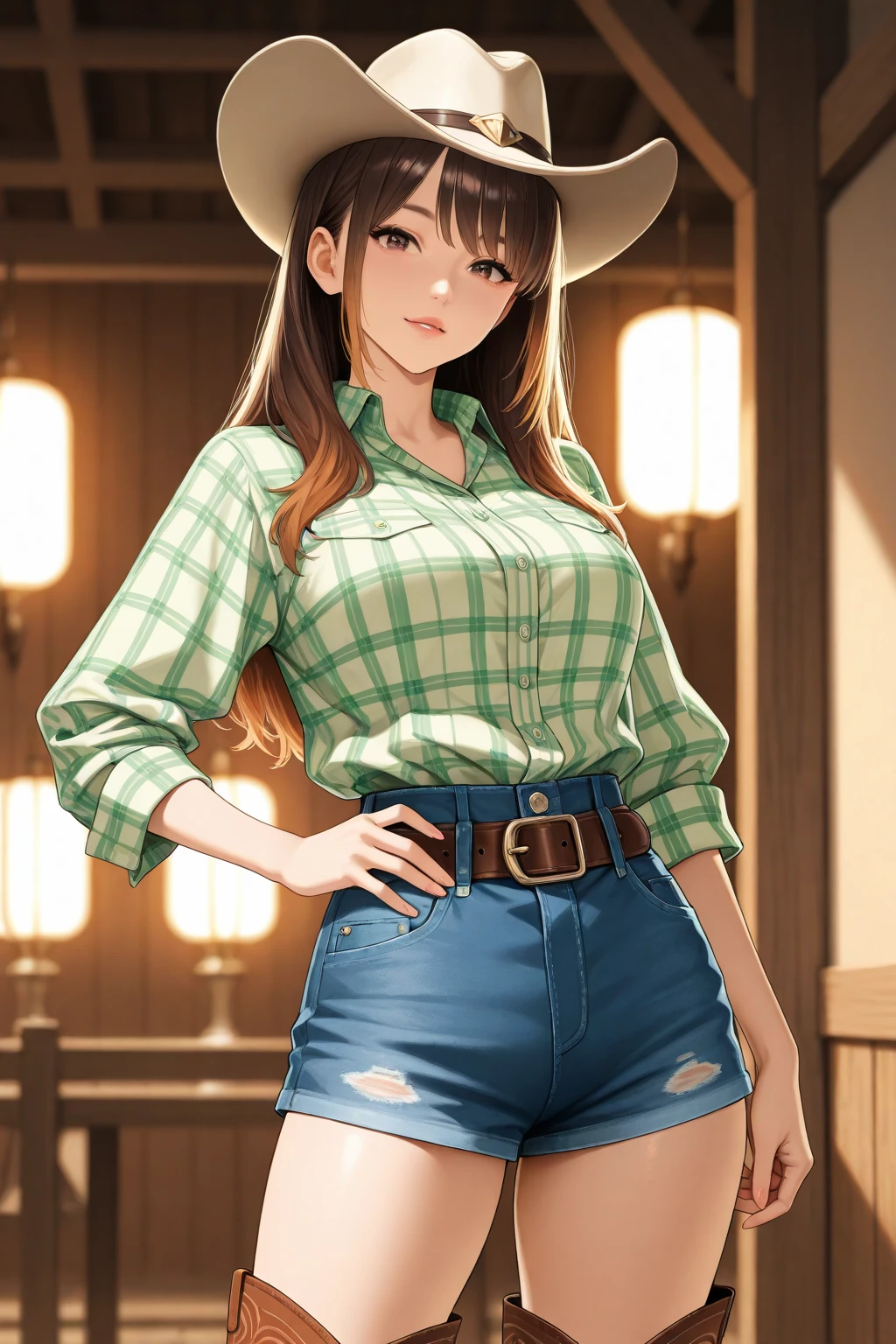 (((1 person:2.0))),((Short Sleeve Cowgirl Shirt:1.8))),(((Denim hot pants:1.8))),(((Slim body:1.8))),(((Brown gun belt with holster:1.8))),((Brown cowboy hat:1.8)),((Wear a metal watch on your wrist:1.8))),(((Showing cleavage))),(((Exposed thin inner thighs))),(((Small breasts:1.5))),(((Bare arms))),(((Her hair is brown))),((Blushed:1.2)), Beautiful detailed girl, Very detailed目と顔, 緻密でBeautiful Eyes, Very detailed, High resolution, Highest quality, masterpiece, Very detailed, 8k wallpaper, wonderful, finely, Highest quality,(Standing in front of a wooden wall),Beautiful Eyes,((Engage your audience:1.2)),(((Full Body Shot:1.8))),((Are standing:1.2)),((Put your right hand on your chest:1.2)),((Whiskey in left hand:1.4)),(((Drunk:1.5))),(((Drunk face:1.0)))