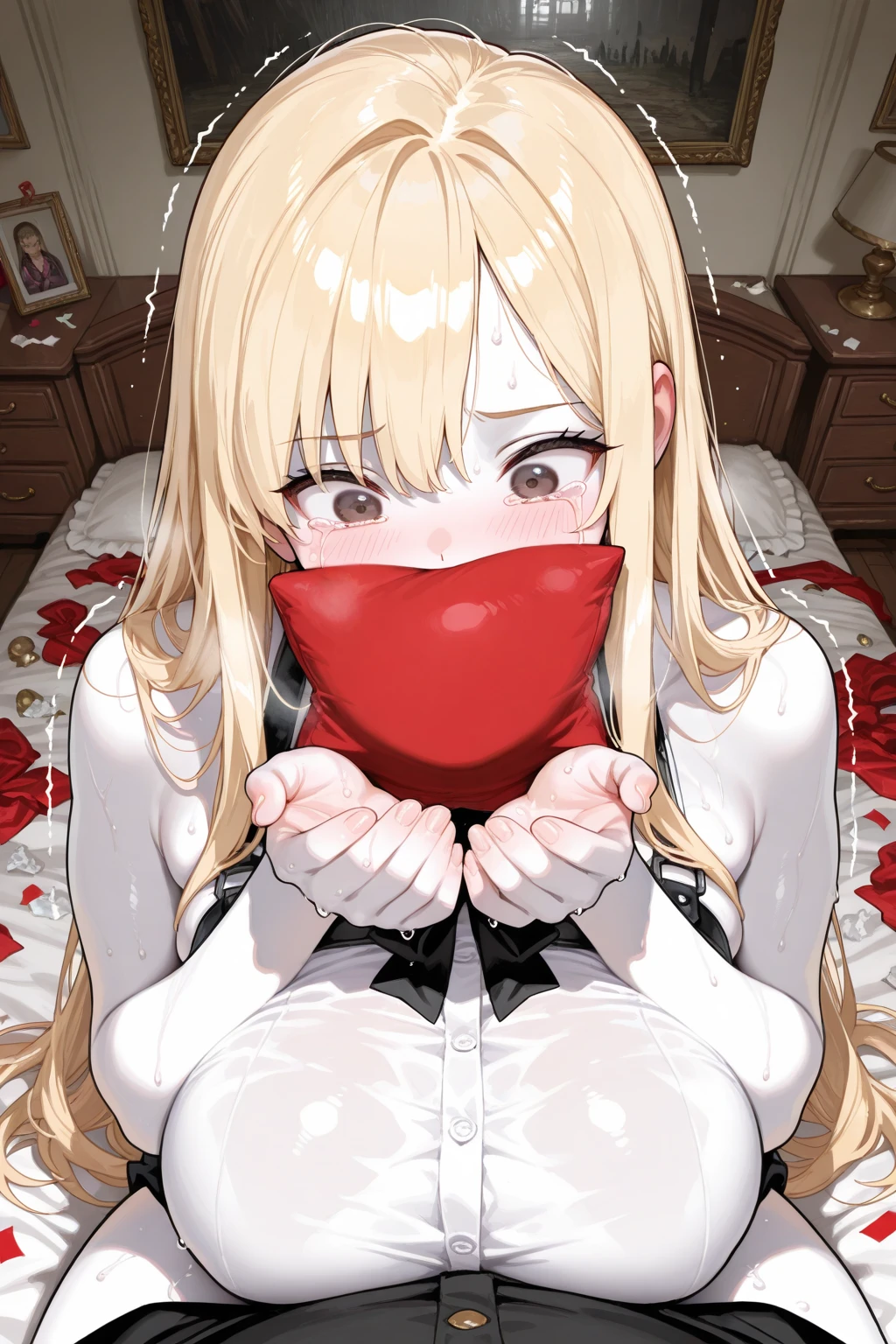 1girl, evil neuro-sama, (yuzu modoki), red eyes, light brown hair, ahoge, two side up, hair ribbon, dark red ribbon, heart hair ornament, black dress, frilled dress, off-shoulder dress, bare shoulders, frilled choker, long sleeves, red bow, red buttons, black heart, black socks, frilled socks, grey footwear, loafers, (masterpiece, best quality), highly detailed, finely detailed, arm behind back, wet, angry, gagged, looking at viewer, see-through dress, covered nipples, underwear, cleavage, top-down bottom-up,