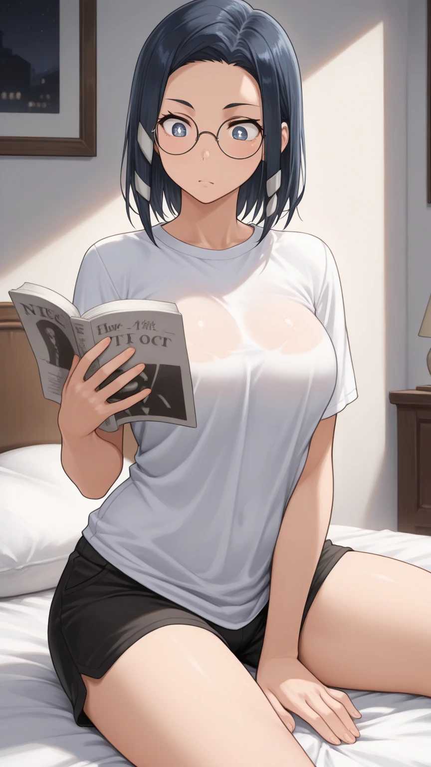 (mature woman), blush, very horny, skin fair, shirt with open button, (neckline that shows the bra), Himeno de Chainsaw Man, Long pencil skirt, wearing an eye patch, beautiful  face, 가슴, sensuous, highest quallity,standing pose, (fund: In front of a motel bed)