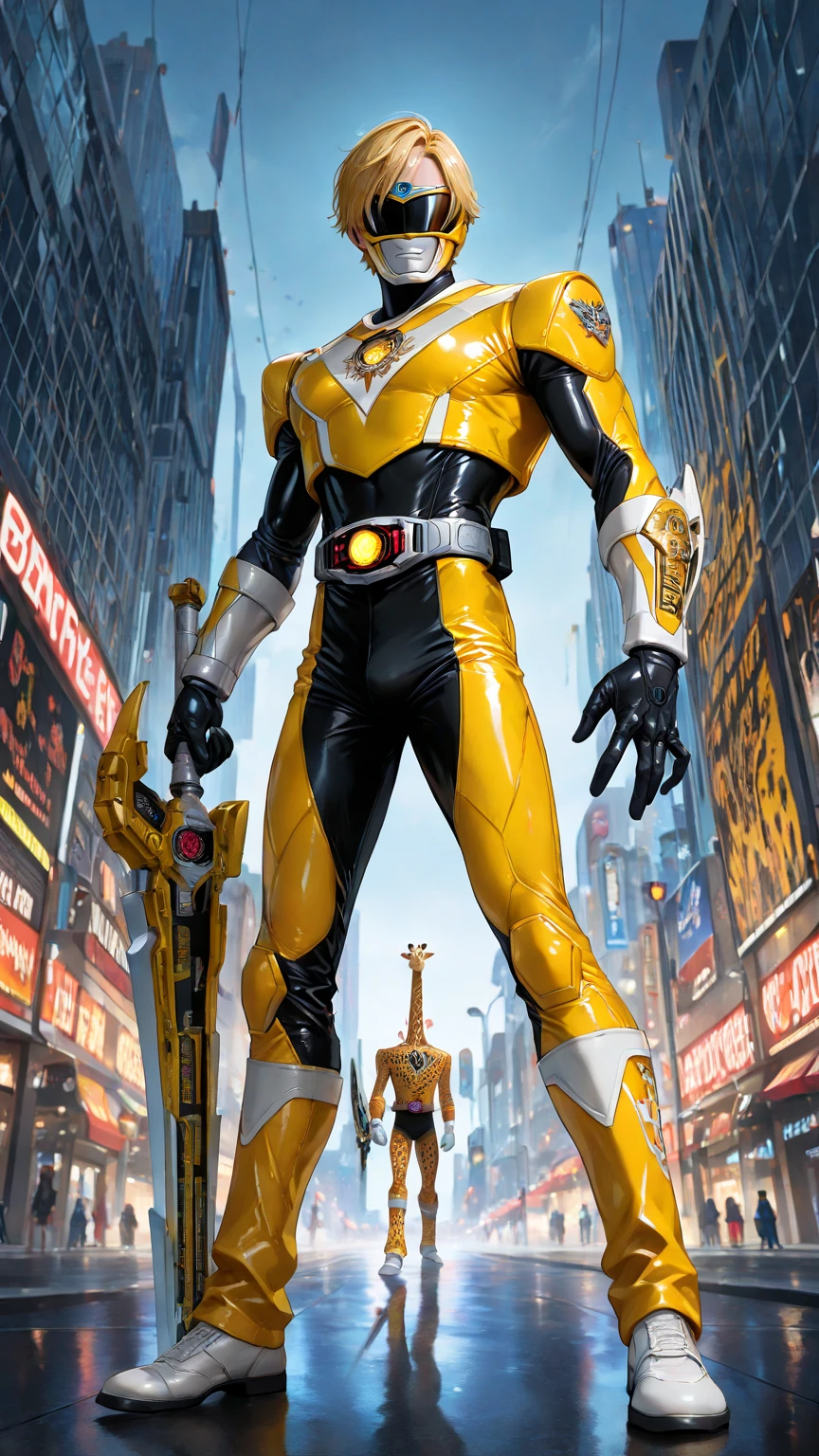 tall person in a SPD  
 gold spandex powerranger suit with the number seven in white  with a gold helmet no shield . silver police belt. no diamond  shapes 
