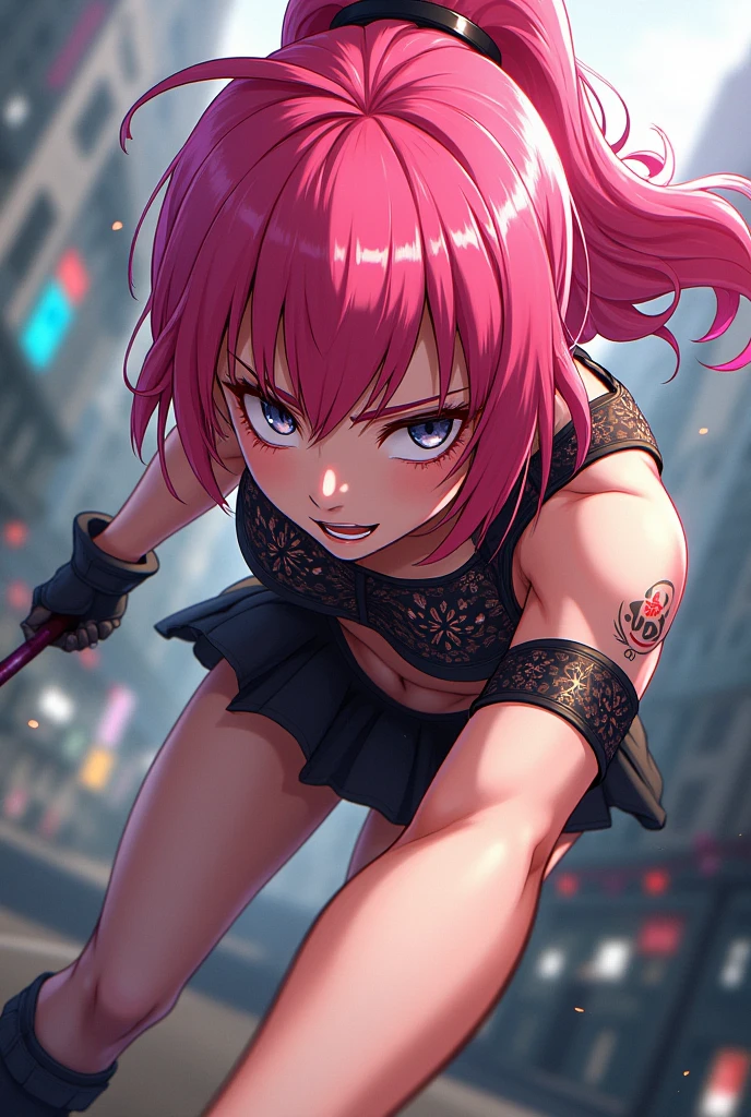 A female version of Itadori Yuuji, with short pink hair, with a short skirt 
