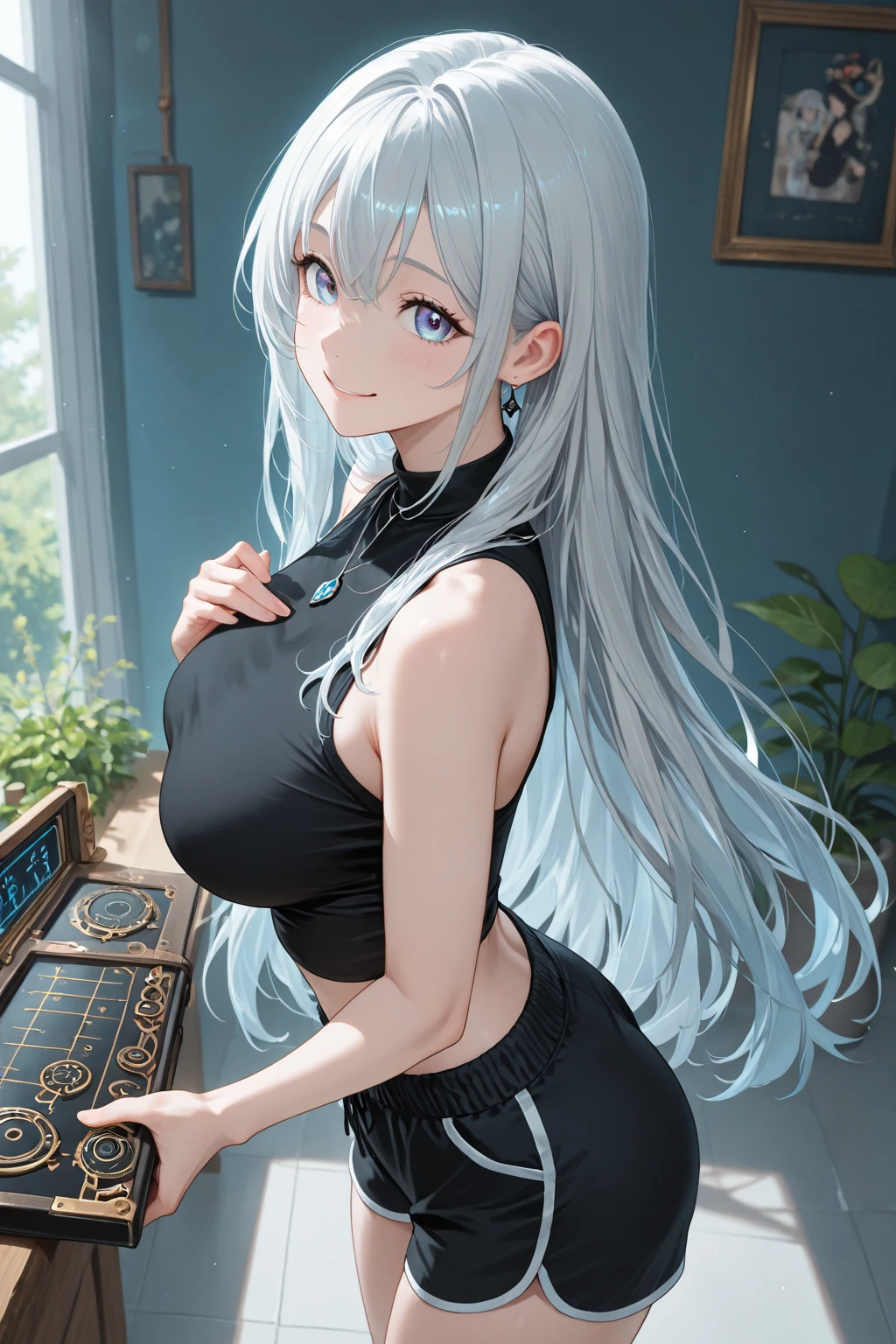 (masterpiece),(best quality),(Super detailed),(illustration),(extremely delicate and beautiful),dynamic angle,Beautiful and delicate eyes,(detail light),Detailed cloth texture, 1 girl,1 girl,Alajikaran,hair accessories,long hair,alone,sport jacket,Simple background,indoors,Cowboy shooting,blurred background,medium breasts, looking at the audience,hair accessories,bracelet,collar,indoors,blurred background,bare shoulders,skirt, 1 girl,alone,long hair,bookshelf,looking at the audience,ponytail,Gloves,collar,(sunglasses:1.3), gray hair,Sunlight,sweater,cardigan, alternative clothing,bookshelf,camisole,Cowboy shooting,Headbands,panty straps,thigh strap,hairpin,blurred background,window,blue headband,(split:0.7),Belt slipping,Change