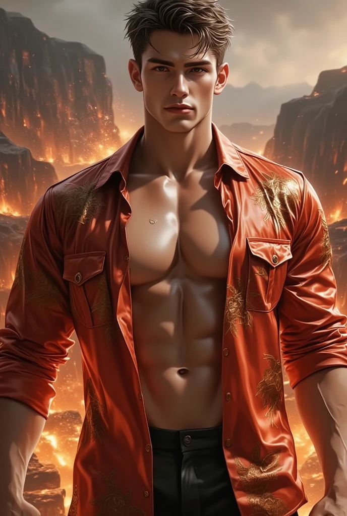 A handsome muscular man, solo, extremely perfect facial features, (face: Matthew Daddario), gorgeous, beautiful, wet, perfect eyes, sexy gaze, looking at the viewers romantically, perfect bare body, smooth skin, wide chest, largest breast, extremely large pectorals, big nipples, wearing (fire pattern print shirt and black brief, bulge:1.2), (open shirt showcasing chest and abs: 1.5), on a volcanic field, lava flowing all around, a sexy posture, model pose, moaning with pleasure, pitch dark sky, night time, a hot glow in his skin, tanned skin, wearing an open red shirt with fire pattern print,