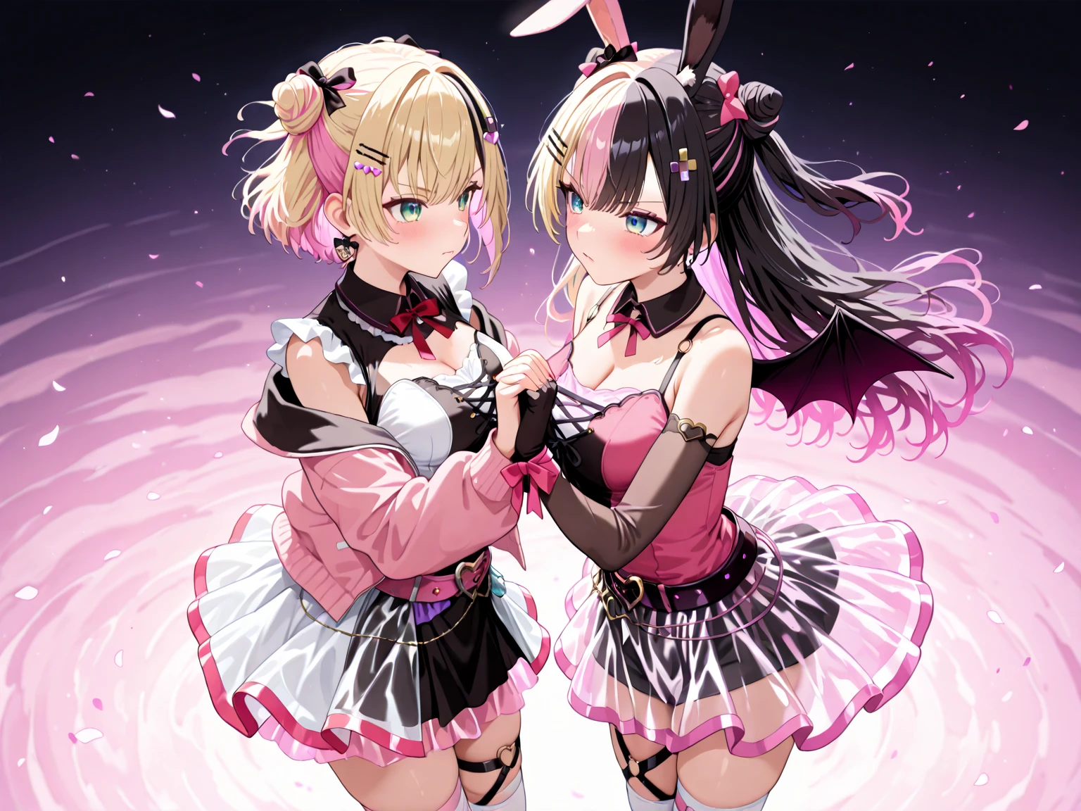 ((Brown Hair)),((Braided Short Hair)),((had black eyes)),A slight red tide,(With bangs),(Lace-up Costumes:2.0),(Rabbit illustration:1.5),(Rabbit ears:1.75),(Cute pose with both hands:1.2),(Active movement:1.5),(Sexy One Piece Dresses:1.25),(garter belt),(Fluffy fur decoration:1.2),(Slim pants),(Eye size:1.5),(your eyes are shining like stars:1.25),(Cute and pop worldview:1.7),(Soft Light),smile,(white, pink, Light purple, Blue and Yellow:1.7),(Browsing Caution:1.5),