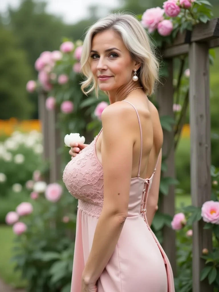 shy girl, hair covering her eyes, wearing a very short sun dress, bashful pose, upskirt, there is a shy woman in a very provocative pose wearing a pretty sundress at a garden party holding a glass of champagne with panties showing, candid pose, candid picture, faint smile, looking towards the floor, head bent forward, looking away from camera, portrait, upskirt, panties, standing in a beautiful garden at a party holding a glass of champagne, messy bob hairstyle, string panties upskirt, massive breasts, gorgeous view, stunning view, orgasm face, orgasm, mouth open, gasping, ecstasy ,   wearing a floaty sun dress, high heel wedges, sandal heels,   faint smile, hands on her breasts, hands holding her breasts, very sexy pose, ready to be fucked, inviting pose, inviting for sex, seductive pose, very attractive, breathless pose,  sexy face,  dreamy scene, dimly lit, firmly holding her breasts, hands on her breasts, pushing her breasts together, backlighted,  wonderbra, back lit, curvy accentuated booty, cleavage enhancing  breasts, very large breasts, deep cleavage, flirty pose, sensual pose, seductive pose, confrontation pose,   (messy bob hairstyle, white blond hair color), messy hairstyle, messy bob, messy hairstyle, white blond, 5 foot 3 inches tall, 110 pounds in weight, 34G breasts, large firm round breasts, very large breasts, cleavage, photorealistic, 4K, 8K, UHD
