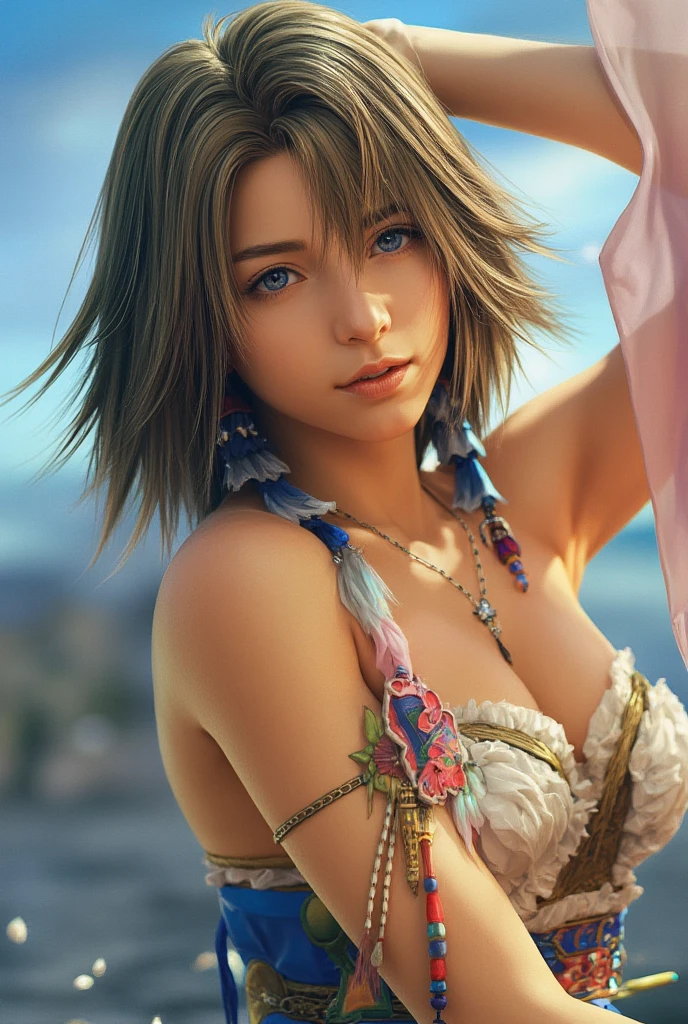 1 girl, beautiful girl, bangs, short hair, lulu, final fantasy 10, final fantasy x, background beach, lulu outfit, perfect face, 8k, masterpiece