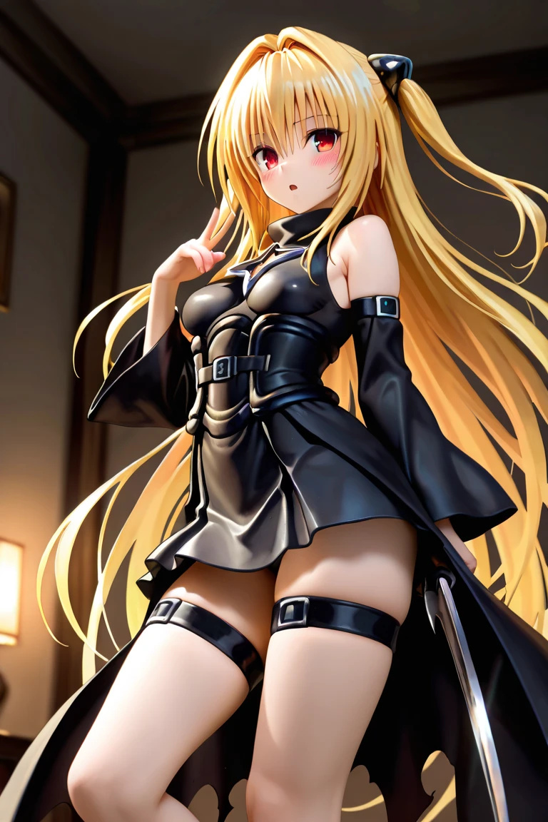 DarknessLora, blonde hair, red eyes, very long hair, horns, claws, choker, hair intakes, bare shoulders, revealing clothes, navel, Thong, ((nude:1))