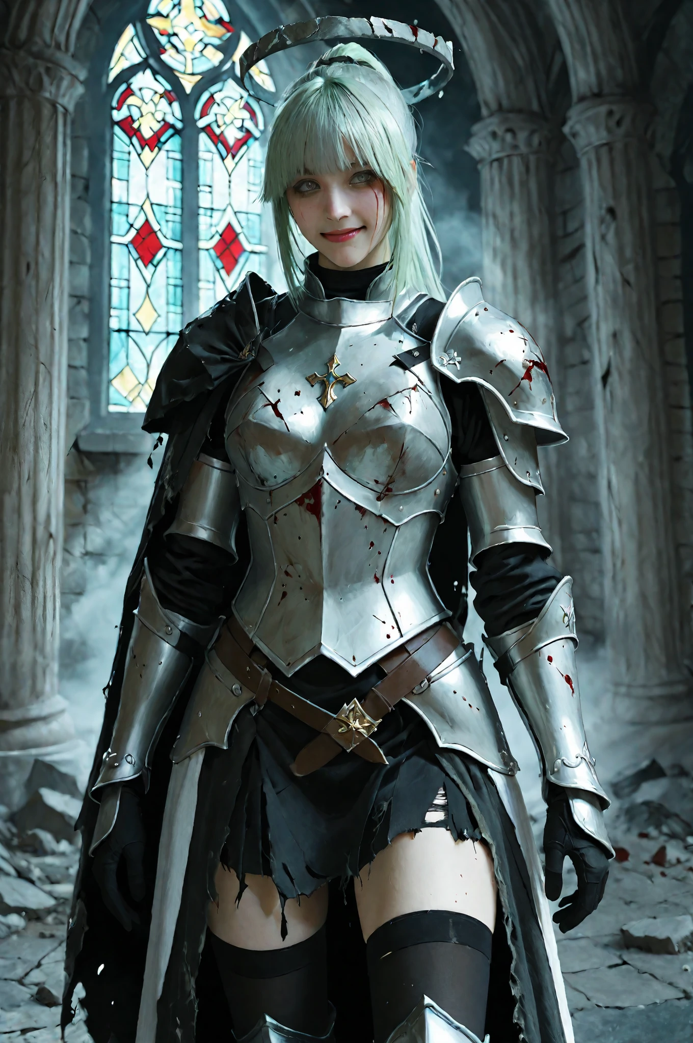 8k,(Asuna(star): 1.6),One Girl, alone,(Perfect Anatomy:1.43), (Medium Hair:1.55) ,(Half Up:1.45),bangs, Brown eyes,Beautiful Eyes,(Sad Smile:1.3),White knee socks,(Brown Hair:1.6),blood stained boots,(18-year-old:1.5),whole body,(A combination of blood-white silver full plate armor and a long blood-stained cloak.:1.63),(Exposing shoulders:1.5),(mini skirt:1.26),(With a blood-stained rapier in hand:1.43),(A bloody battlefield on a moonlit night:1.52),Fantasy,(Blood Effect:1.53),throw,Eye level,(Cast a Shadow:1.21)