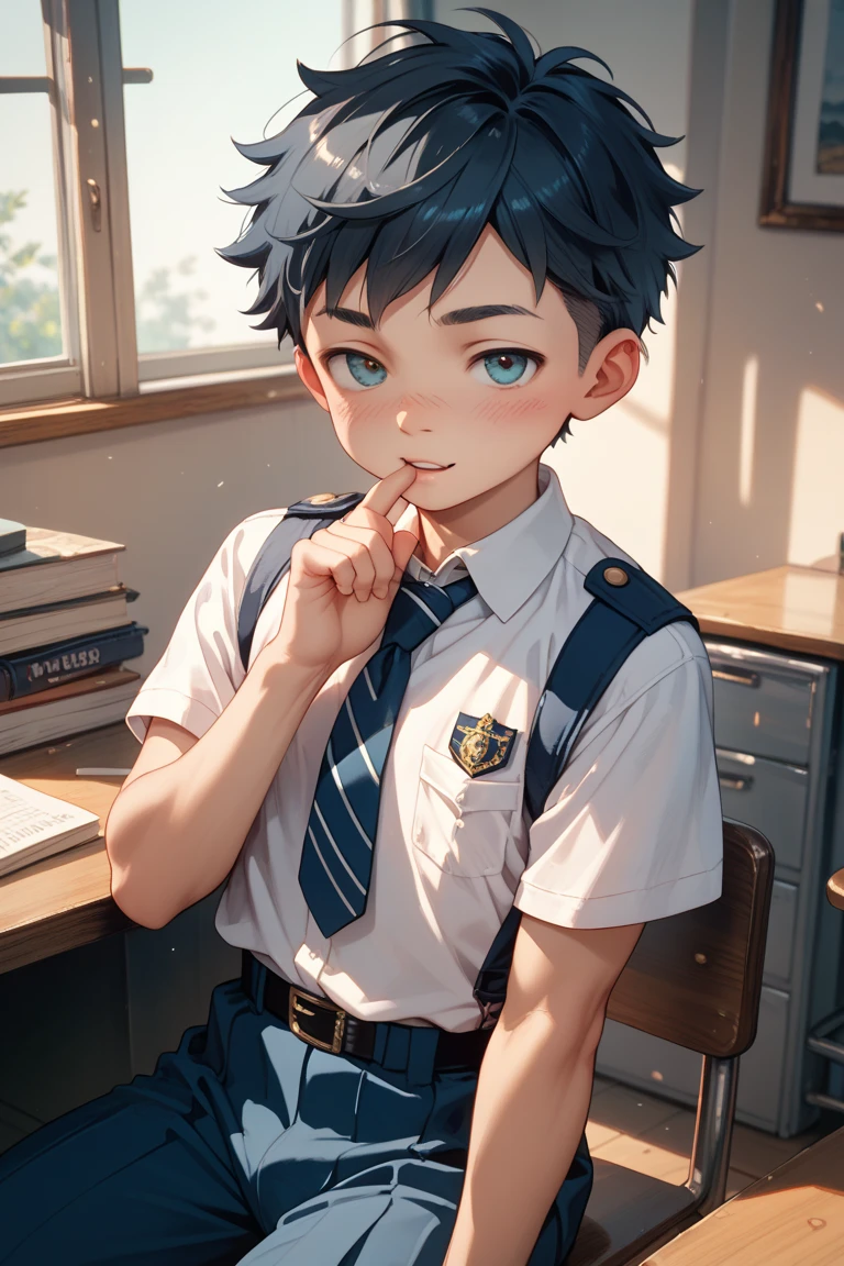 Master Masterpiece、beste Quality、8K、One Boy、Short green hair and big eyes、Cute face、16 years old、White shirt and dark gray pants、red necktie、Big yellow backpack、sit