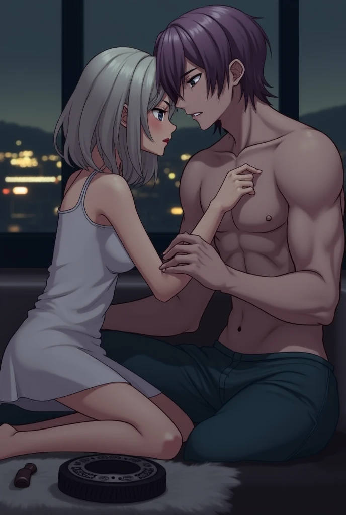 Lovemaking,un hombre joven y una mujer,de pie, besandose, Ambos con el pelo blanco, Macho en la parte superior,Hembra abajo,Sin ropa, el la besa a ella, Ajuste ajustado,Ambos estaban desnudos, (Totalmente desnudos), sin ropa,( Macho con elCabello blanco), ( mujer con el pelo blanco)en una ciudad ciberpunk,( entorno Ciberpunk con Neon, (visible pechos y trasero) de Noche