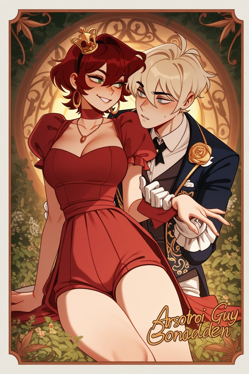rating_explicit, beautyful mature woman, Shion Karanomori based, blonde wavy hair, encorped body, red glasses, red lipstick, smile, red bra, roses tattoo, milf, with a black messy hair woman, lesbian sex