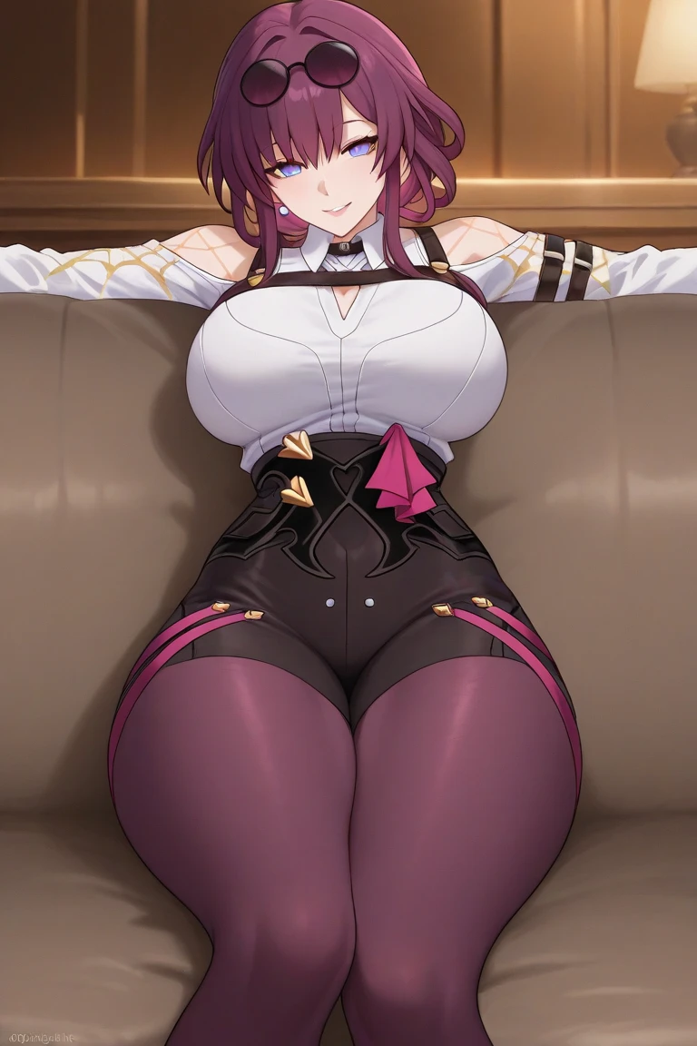 Masterpiece, Best quality, Realistic, Photorealistic, Great lighting, Ultra-detailed, Dynamic Angle, Perfect face, (Bright lighting:1.2),Beautiful detailed eyes, Extremely detailed face, one braid，Perfect lighting,Miss Pauline,Heavy makeup，Glasses, Purple shirt, Open shirt, Black bra, cleavage, Large of breast，pencil skirts, Pantyhose, High heels, view the viewer, arms behind  head,Transparent, Embarrassed expression, Blush, Sitting, lounge room