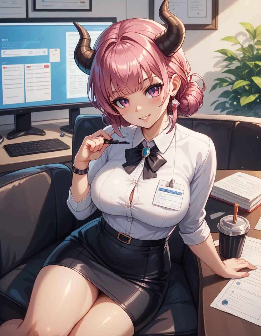 ((tmasterpiece,Need)),(1girl),((A MILF)),Light pink hair,big-areola,horn,((office lady)),By bangs,middlebreast,(plumw),slim,Beth，ssmile,[Wide hips],office,standing, aru \(blue archive\),