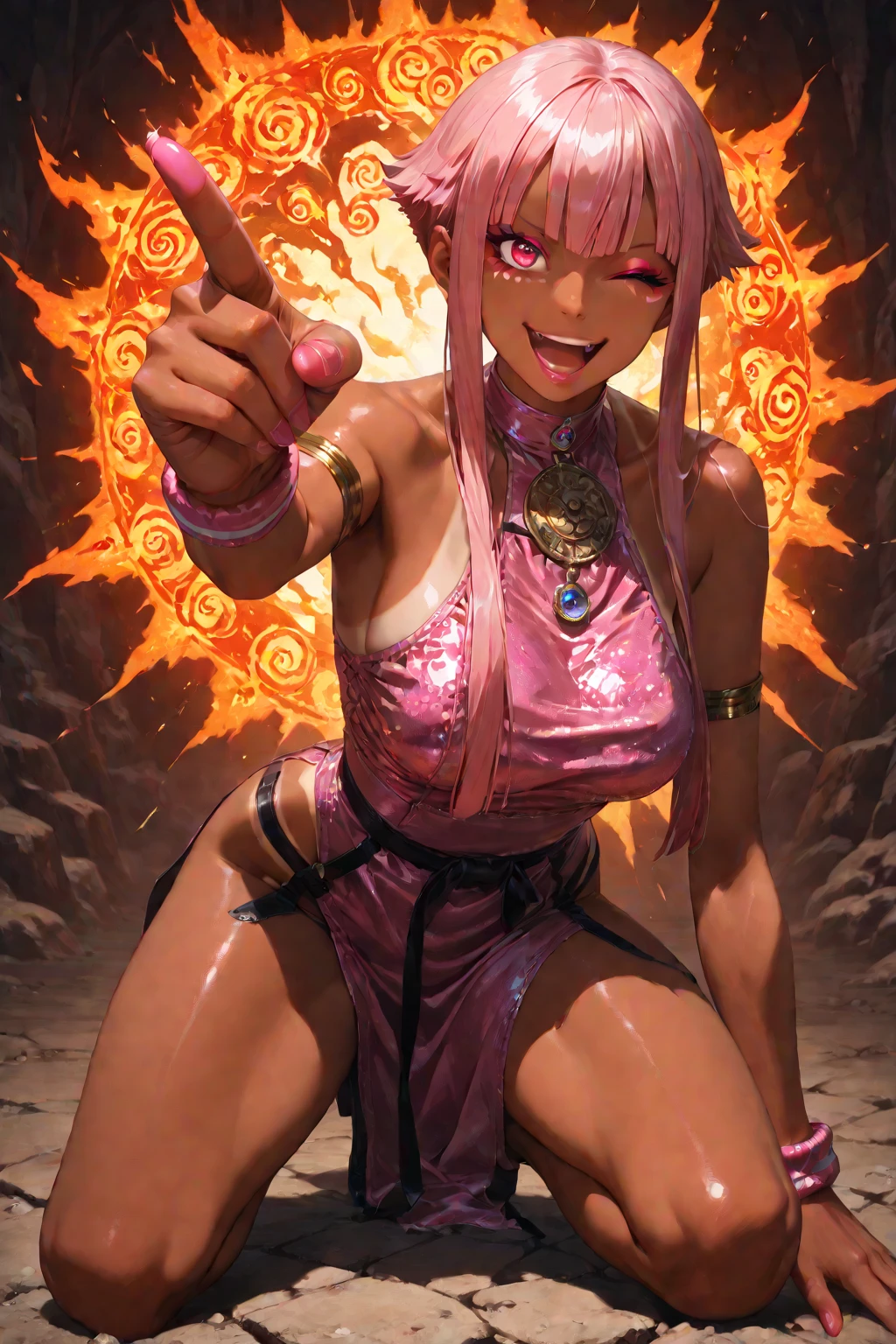 28 year old woman from Aztec, tan skin, beautiful smile, pink ponytail hair, toned athletic body, in stone chamber lit by candles, wearing super hero costume