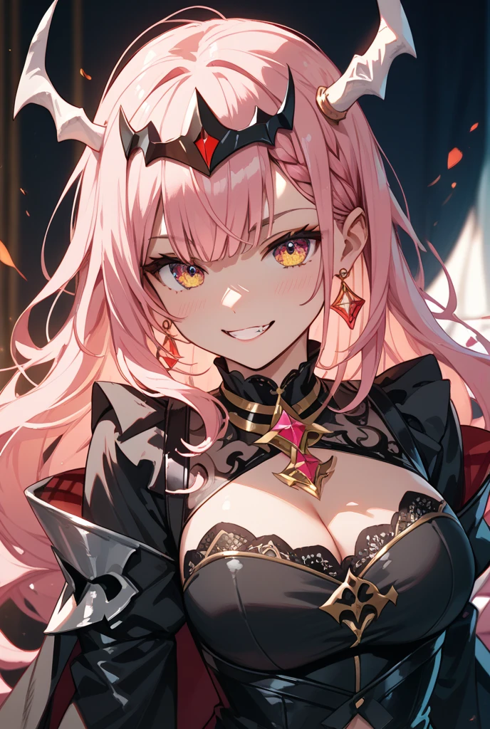 a beautiful woman, gorgeous blonde woman, messy and spiky hair, lonh hair, dark rose knight, pink eyes, pink elegant cute medieval short dress, fantasy, highly pink rose intricate armor, detailed face, bad smile, 8k, highly detailed, masterpiece, dramatic lighting, cinematic, atmospheric, fantasy art