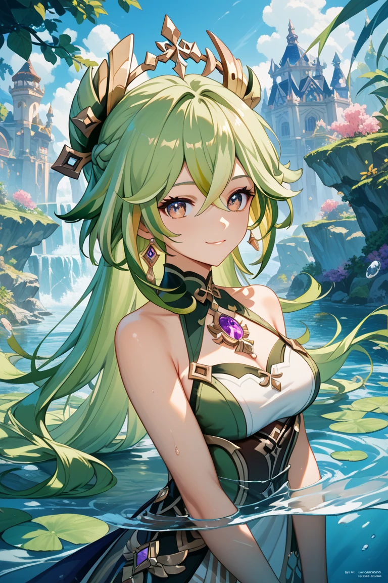 Collei Genshin Impact, Iwhole body, (NSTDA.:1.2), (10, beste-Qualit, master-piece: 1.4), ultra-high resolution, (realistic, photorealistic: 1.48), Cute Girl 25 years old , ( Beetle Micro See-through bikini:1.11), huge breasts, famous Japanese celebrities, blue eyes, head tilt, cowboy style Side view Looking at viewer Emotionless Beautiful river in the forest Zeiss 150mm F/ 2.8 Hasselblad Whole body Foot Ultra Wide angle