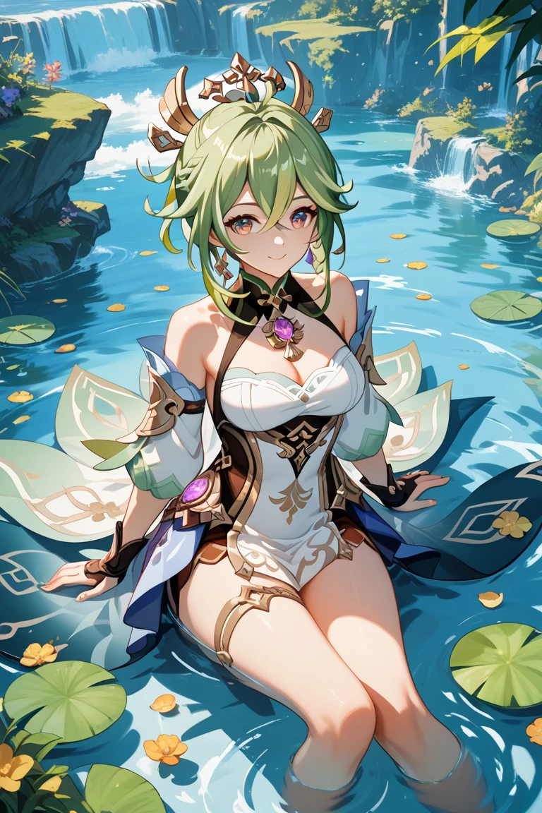 (MASTERPIECE), (Best Quality), (Super Detail), Official Art, One Girl, Lori with Pale Green Hair, Petite Little Girl, Loli, Green and Gold and Silver See-Through Dress, Sleeveless, Off Shoulder, Small, Very Small, Small, Cleavage, Thigh Focus, Navel Out, Bare Skin in the Lower Half of the Chest, Sitting, Card Illustration, Deep Forest