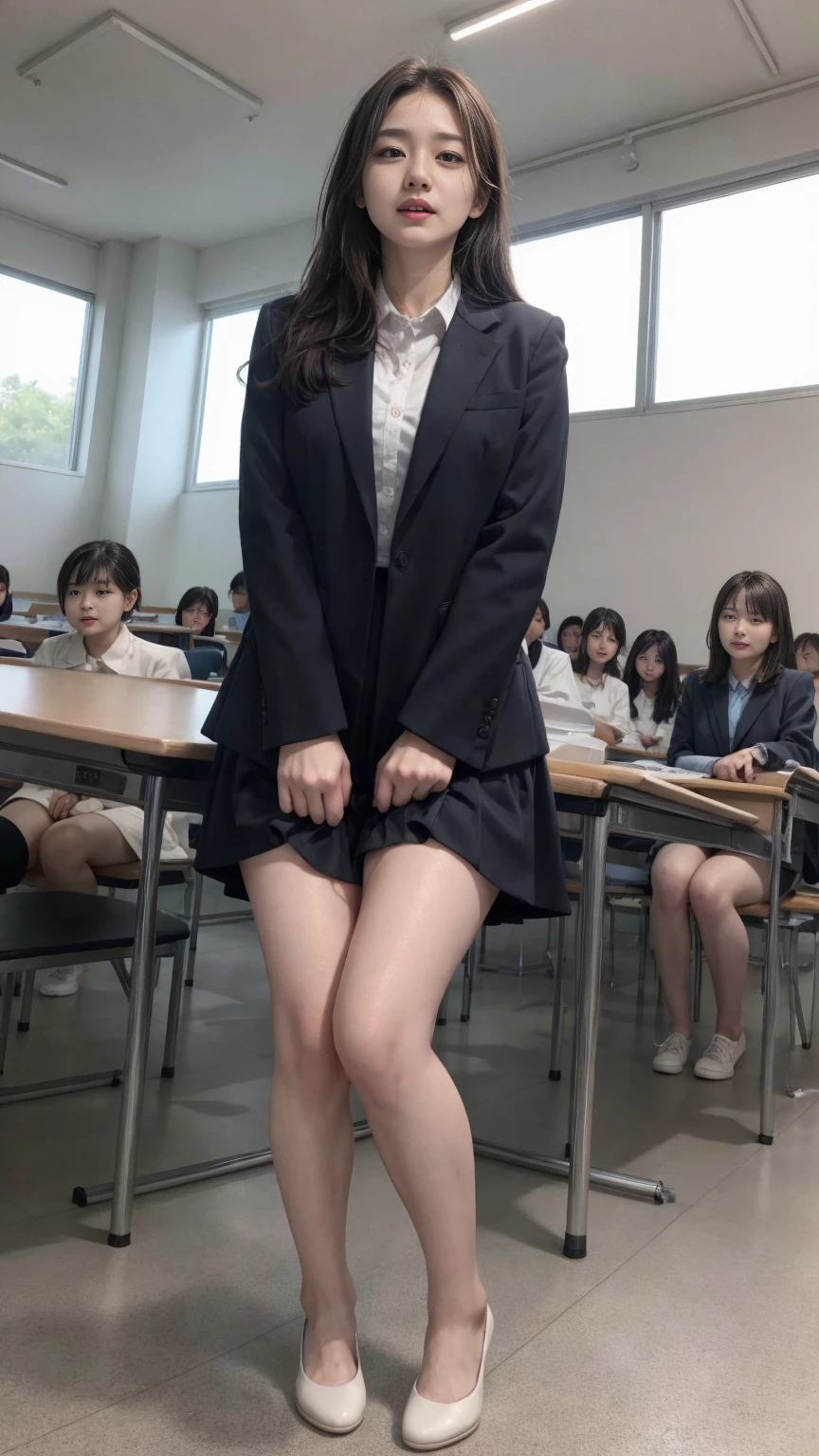 summer、Empty classroom、thick、Sweat、、high school girl、Student Bags、、Low length、(((Long black hair)))Backlight、evening、Nostalgic atmosphere、Look at this、High position、Full Body Shot、glamorous、Checked mini skirt、Navy knit vest、Are standing、sneakers、Skirt flip、Showing sexy panties、Flip up your skirt with both hands、avert your eyes、