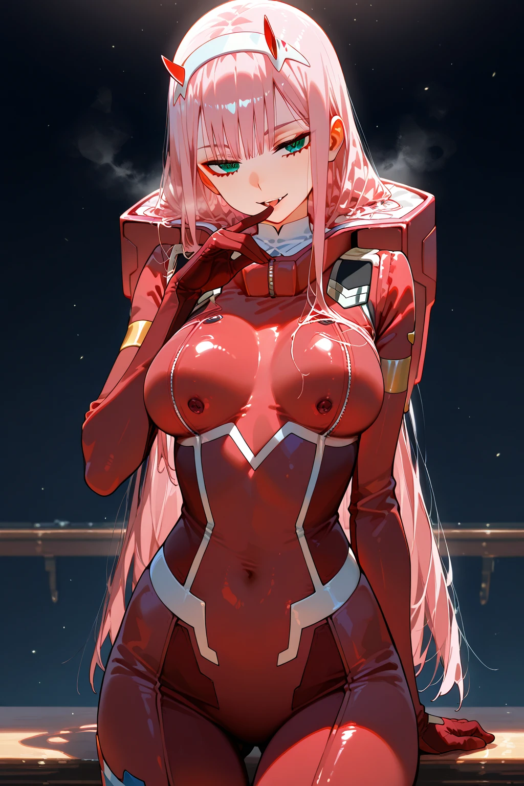 (masterpiece, Best quality, ultra detailed, absurdity)1.5, 1 girl, (sexual, Beautiful woman, perfect face, Perfect eyes, ideal female body, huge breasts)1.5, (ZeroTwo, horns, hair band, Red bodysuit, bracelet,fur, long hair, pink hair, dull hair, ), (standing, inside a fur cockpit), perfect lighting, smooth, HDR,naked