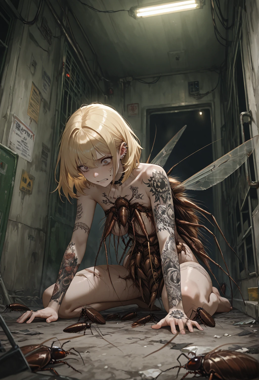 ((masterpiece:1.4, best quality))+, (ultra detailed)+, long twintails, (white thighhighs), cute girl,blue clothes, (flat chest:1.3), 1 fairy girl, off-shoulder sweater, a fairy, fairy girl, winged pixie girl, girl fairy, various different types of insect wings, small breasts (flat chest:1.3), NSFW,tentacle-like vines, Covered with tentacles, encoiled by tentacles, Tentacles around the body, many tentacles, captured by tentacles, bound by tentacles, trapped by tentacles, Fine details,Tentacled,Tied with tentacles, roaming tentacles, drooling,Crying,horrified expression, panic, fight for survival, helplessness, Detailed body,Full limbs,NSFW, being pulled into a flower, wild environment, jungle, terrifying floral environment, horrific nature, predatory flora, fairy catcher, fairy trapper, fairy catcher plant, tentacle-like vines, fairy trapper-plant, fairy catcher flower, tentacle-like vines, fairy trapper-flower inspired by carnivorous plants; a plant occupying the equivelant evolutionary niche as a spider would