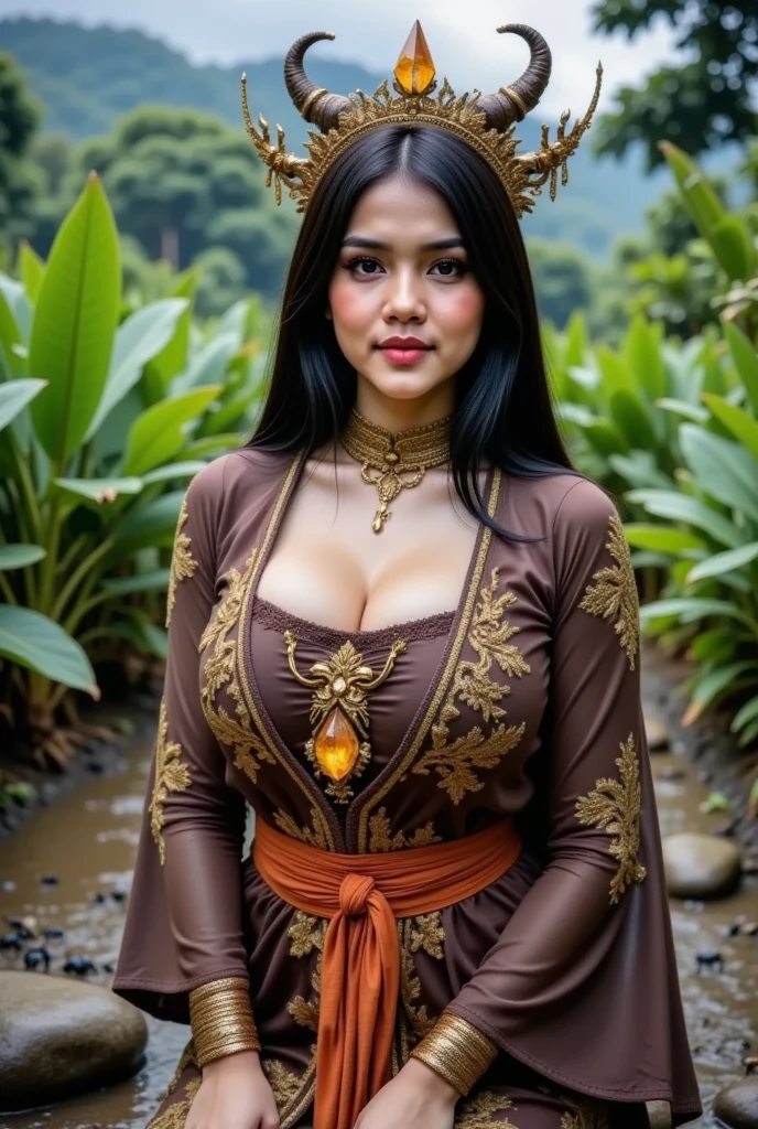RAW, Best quality, high resolution, (masterpiece: 1.3), beautiful mongol teen librarian in hijab showing cleavage in highslit forest,Masterpiece, Soft smile, choker