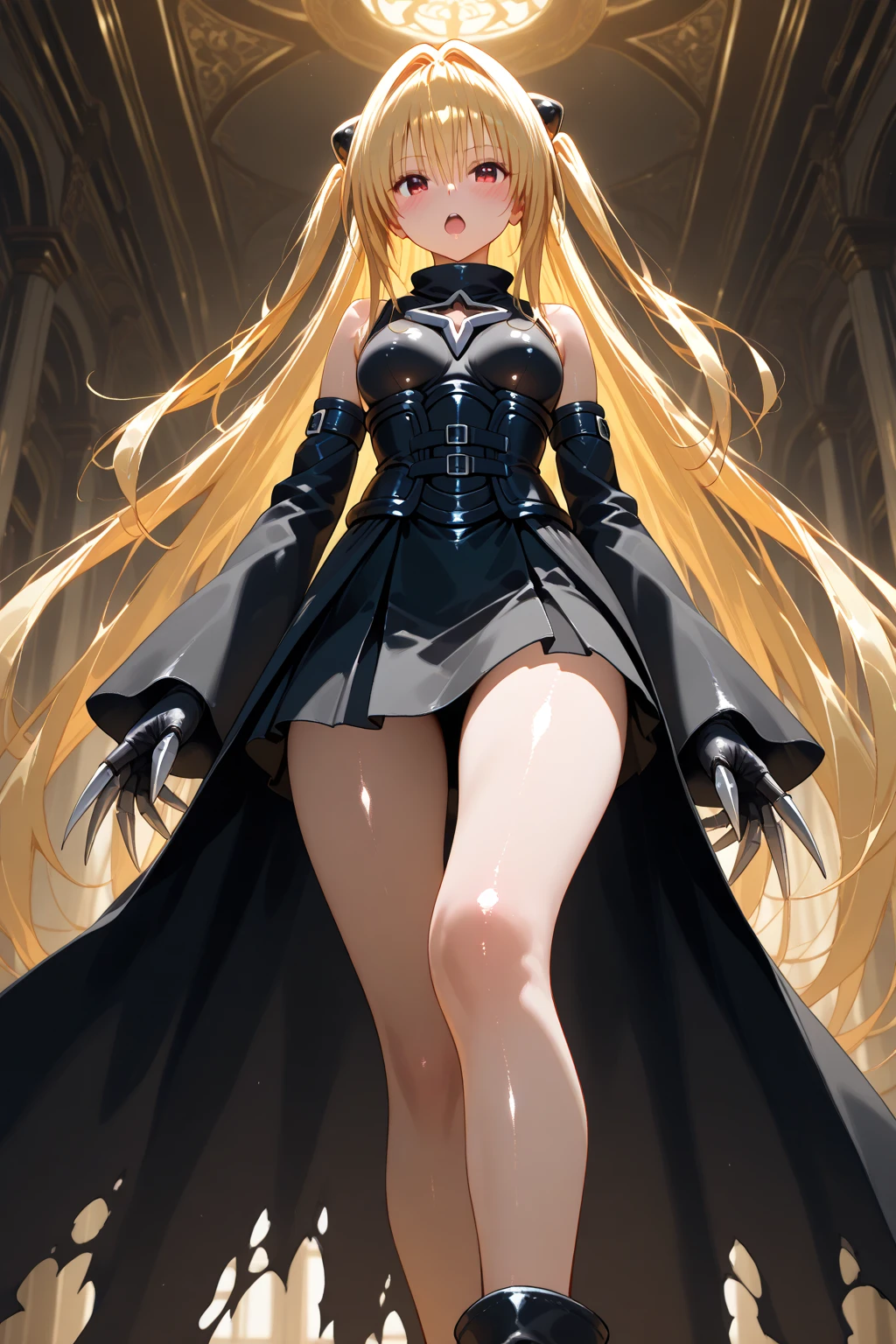 blue dress, boots, solo, 1girl, masterpiece, best quality, <lora:Nemesis 4:0.5>, red eyes, hair covering one eye, very long hair, blond hair