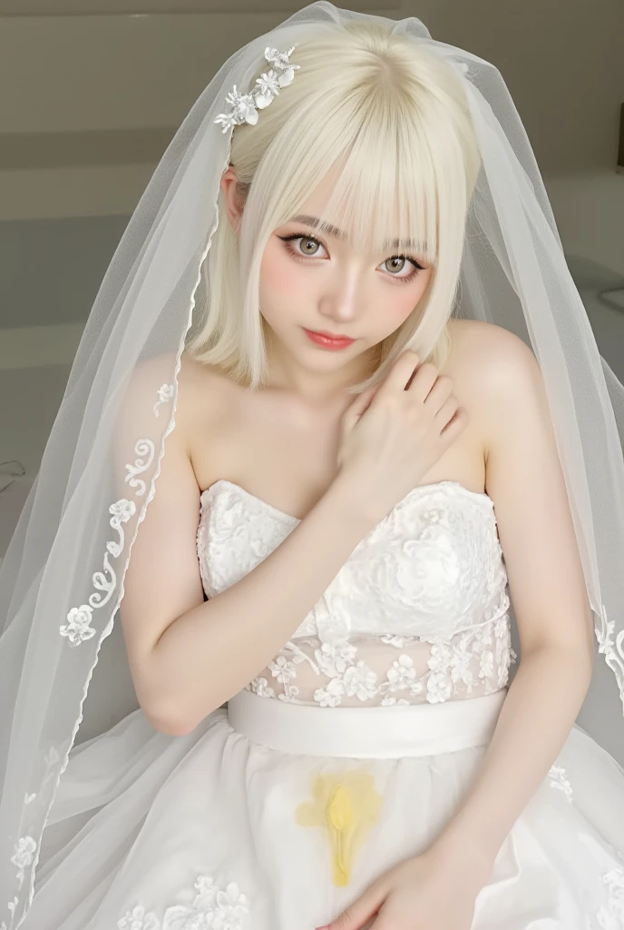 there is a woman in a wedding dress laying on a bed, elegant glamourous cosplay, glamourous cosplay, white dress!! of silver hair, cyarine, 2 b, 2b, anime girl cosplay, anime barbie in white, ayami kojima amano, misa amane *, loli, closeup shot, rin, cosplay photo