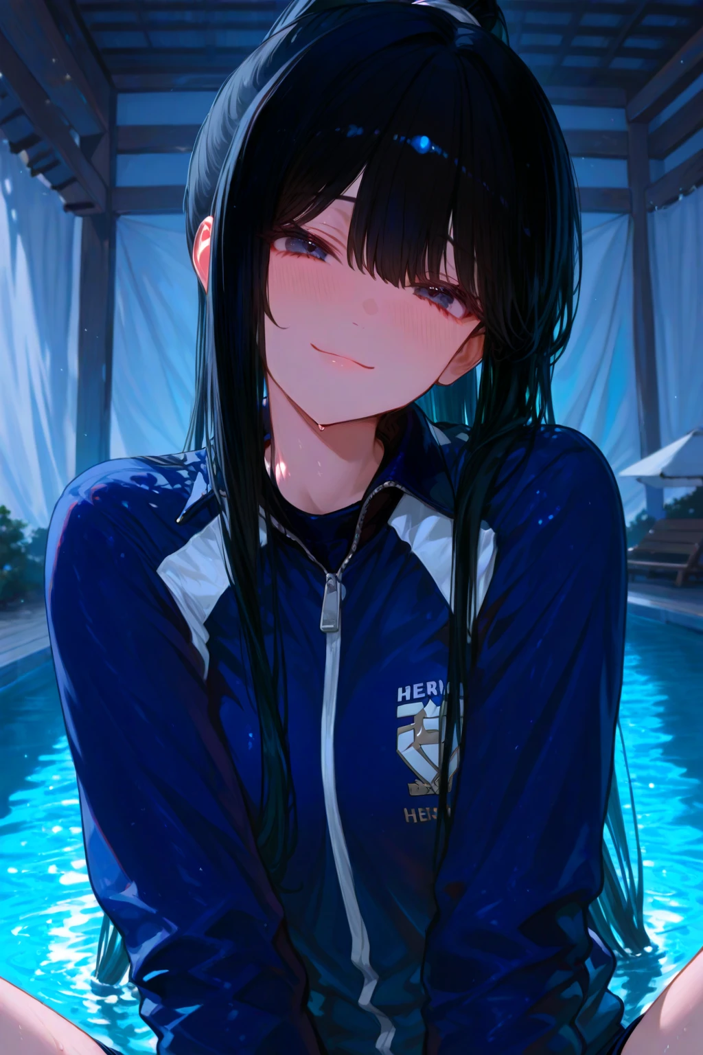 whole body, delicate  features, medium tits, medium hair, black hair, tearful mole, earring, tracksuit, shorts, pool, yuri, 2 girls,