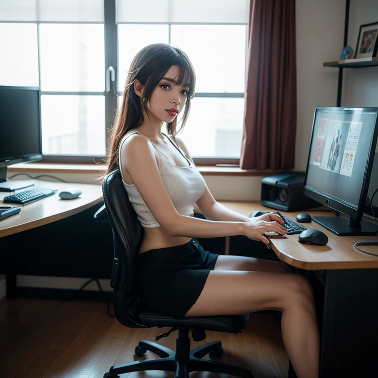 (best quality,4k,8k,highres,masterpiece:1.2),ultra-detailed,realistic:1.37,portrait,computer,earning money,working from home,sitting at desk,professional,serious, open shirt, cum all over her face,  expression,concentrated,focused,keyboard,mouse,desktop computer,multiple monitors,multi-tasking,productive,financial success,wealthy,successful,online business,laptop,coding,typing,optimization,analytics,data analysis,computer programming,programming languages,algorithm,innovation,tech industry,modern technology,progress,efficiency,workspace,organized,neat,clean,half dressed, slutty attire, showing pussy, brightly lit room,office environment,vivid colors,comfortable chair,ergonomic setup,work-life balance,achievement,fulfillment