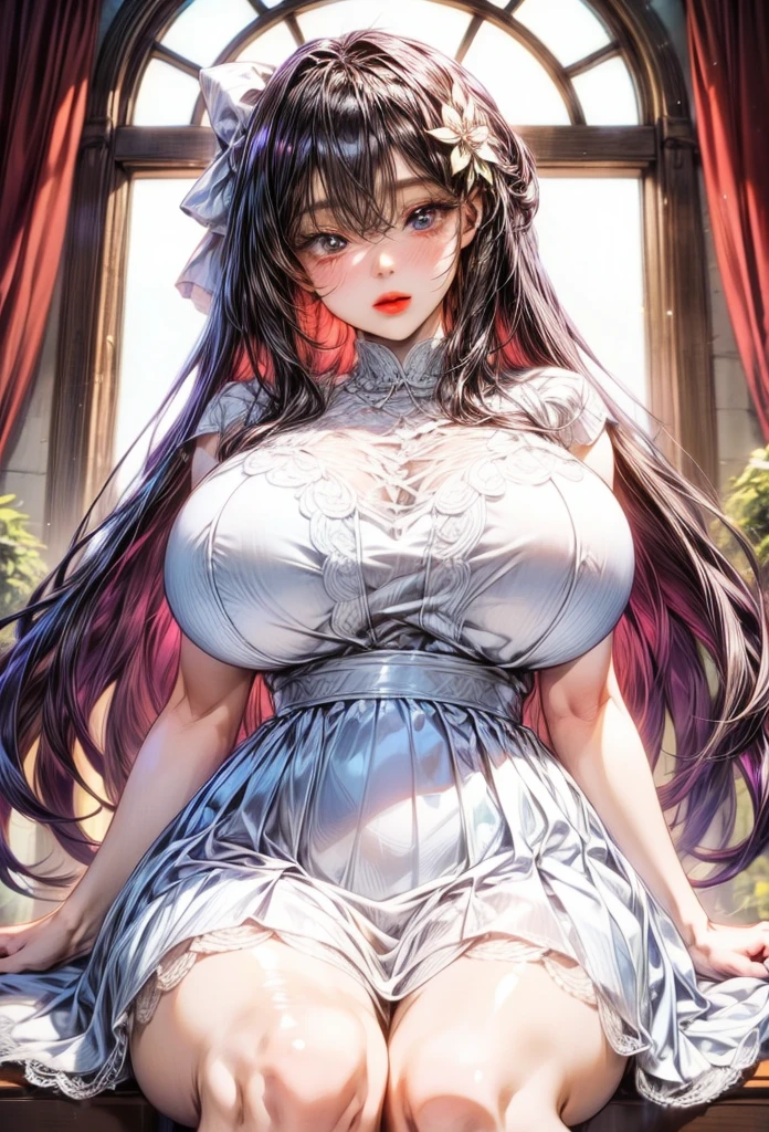 ((dress_default, terrific_default)):1.5,((独奏, 1girl)) ((masterpiece,Highest quality,Highly detailed images,Beautiful images、Realistic、Dutch Angle)), (Bright lighting overall、Backlight、A fantastic atmosphere、Thick Fog、Dust flutters),(Dynamic pose、Looking up、Beautiful cleavage、large breasts)1.2, ((Beautiful starry sky:1.5、Rooftop:1.2))((Lift your chest with your arms、Nipples are slightly visible))、Black sleeves
