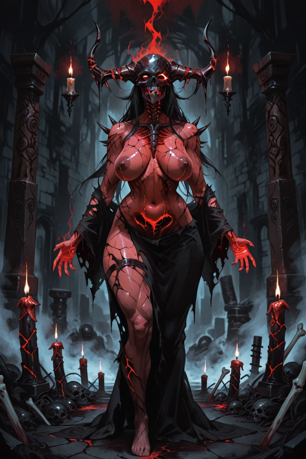 very horny female devil, morbid angel, red skin, sweaty, big fake silicone breasts, perfect nipples, scarification all over the body, devil's tail on the lower back just above the butt, detailed eyes, red eyes, detailed lips, beautiful face, full makeup, satanic ritual in the hellish dungeon, background, dark atmosphehre, body fluids everywhere, piss, semen, scat, 8k, half length realistic photo, dramatic lighting, photorealistic, highly detailed, insane details, very detailed, epic, dramatic, photorealistic, photography, hyperornate details, particuls, ultra detail, unreal engine 5