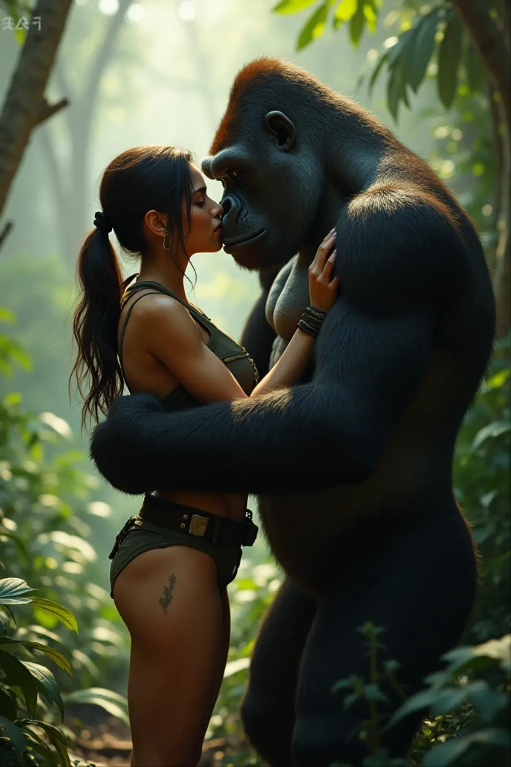 ((nude) (Lara Croft, large breasts, sparse pubic hair), fucking a (huge male gorilla with gorilla penis), ahegao face, in ancient ruins in the jungle