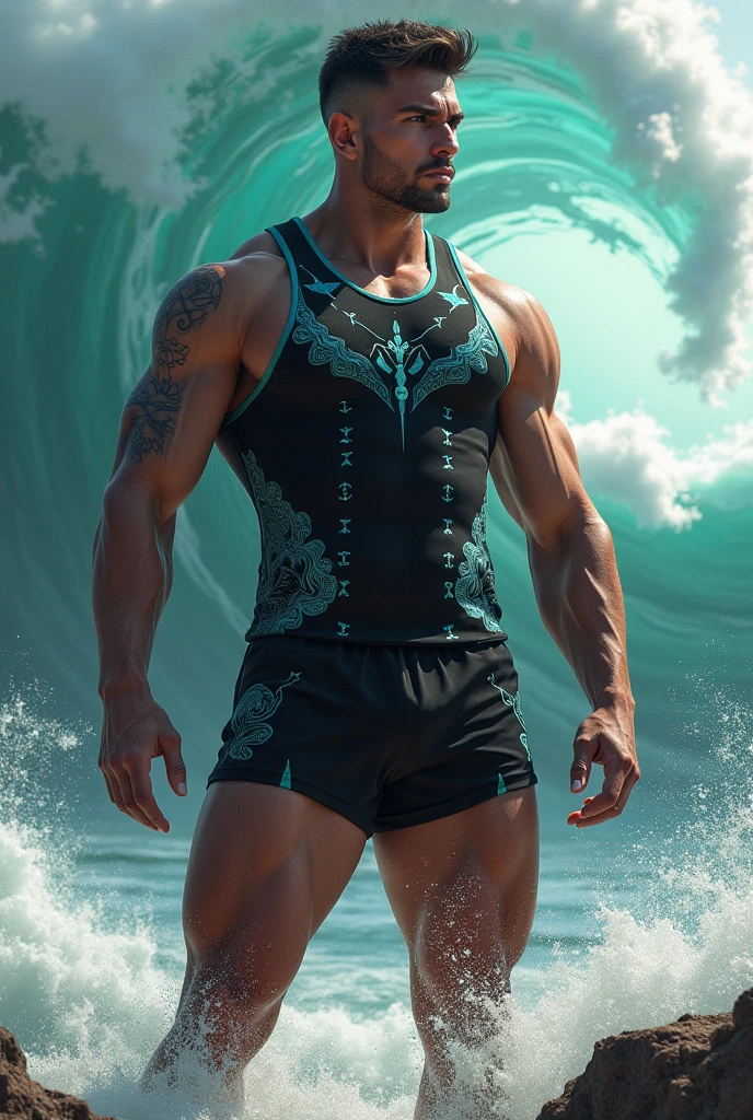 Fullbody standing picture of white skin Handsome muscular horny nude sexy gay boy wearing sexy shiny iridescent latex harness, shiny black Disconnected Pompadour oiled hair style, mustache, blue eyes, shiny black varnished vinyl shoes, red lip, chain, tattoos, horny, cum shot, sperm, milking penis, very big penis, very big testicle, shiny oiled skin, orgasm, oversexed, standing at pool.