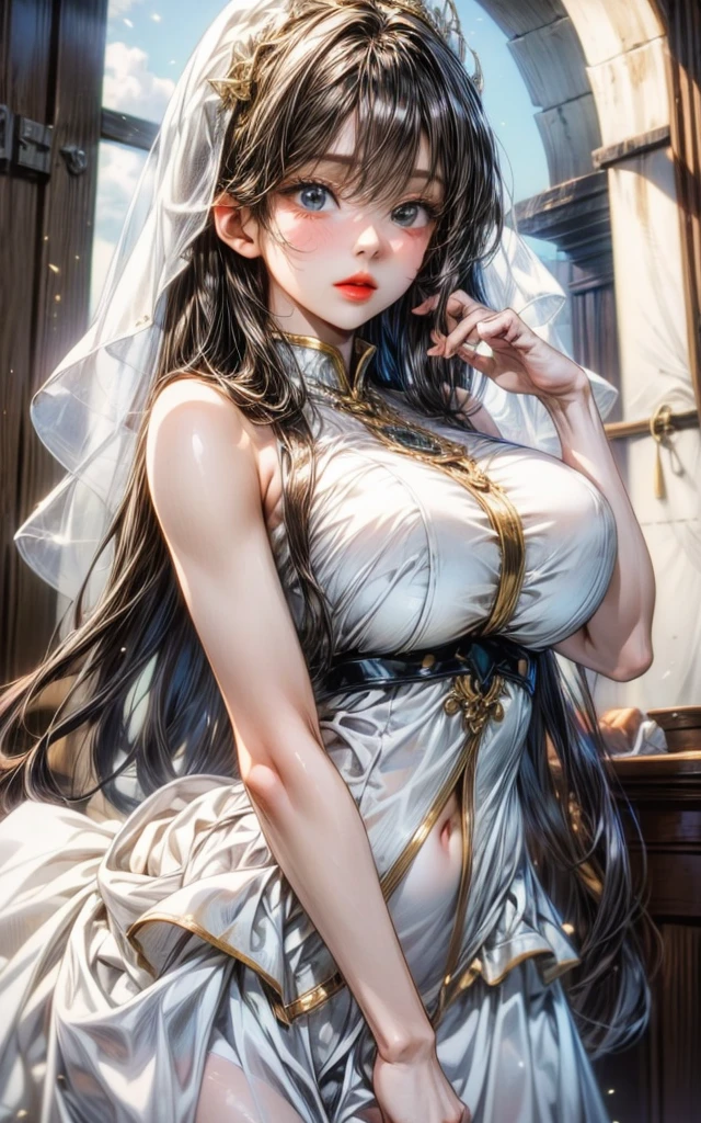 (Realistic:1.5, 16K, Highest quality, masterpiece, Ultra-high resolution), Perfect dynamic composition:1.2, ((woman1people)), ((Stylish party venue:1.5)), ((Bright venues:1.5)), (Expressions of sadness:1.5), (((Gorgeous white see-through party dress:1.5))), ((Wet and sheer dresses:1.8)), ((See-through pink nipples:1.5)), Highly detailed skin and facial textures, Incredibly slim body, Fair skin:1.2, Sexy beauty, Very beautiful face:1.5, (short hair), (Neat bangs:1.5), ((Body with outstanding style:1.5)), (Firm and shapely C cup breasts), ((Dresses taken off:1.4)), ((Both arms behind the head)), (Big eyes that exude beautiful eroticism:0.8, Lips that exude beautiful eroticism:0.8), necklace, Earrings, bracelet, wedding ring,