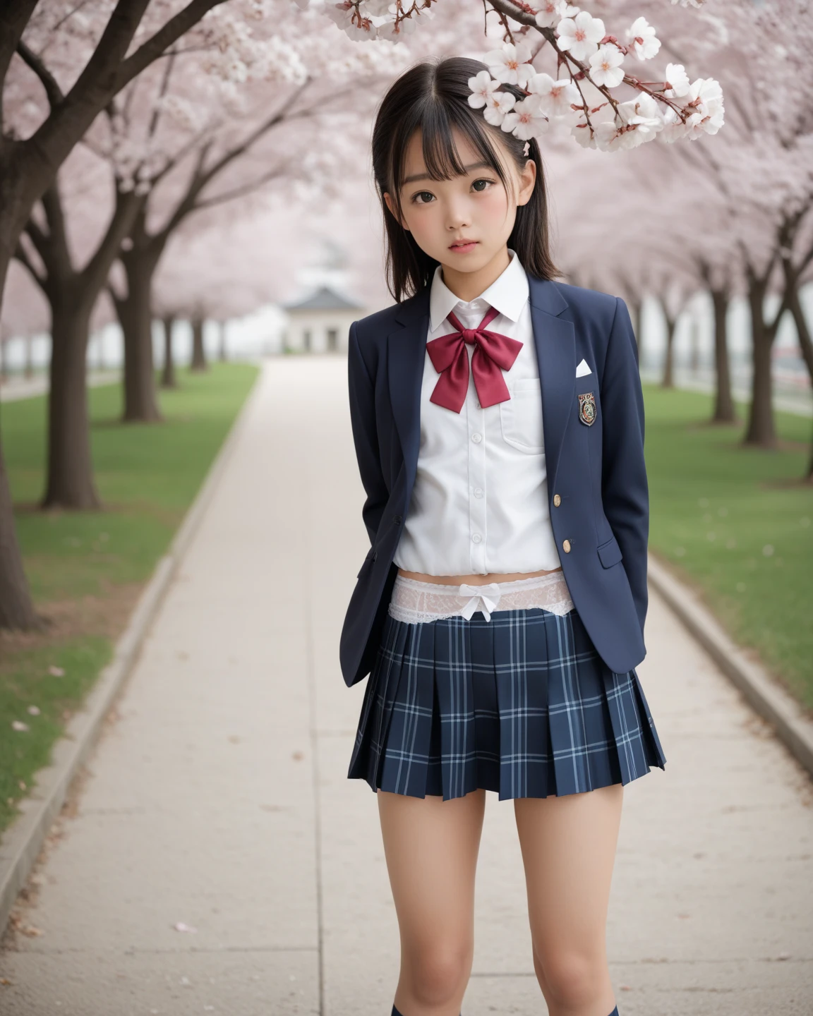 
(masterpiece, highest quality:1.4), award-winning portraits, 8K, 85mm, alone, beautiful face, delicate girl, , (dark navy blazer jacket), dark navy skirt, long sleeve, violaces, gardenia, grace, Sophisticated, cute, teen, looking at the viewer, 15 years old, Raw photo, disorganized, HDR, sharp focus, A bow tie, background bokeh、(((flat 、thin and delicate body、A childish atmosphere)))、Her shiny semi-long hair is tied up、hair swaying in the wind、Mole on the left cheek、large, round, dark blue eyes、full body、random pose、Run、sprinting、Skirt fluttering in the wind、Junior idol、Nogizaka Idol、widening skirt、jump、mole under eye、sexy