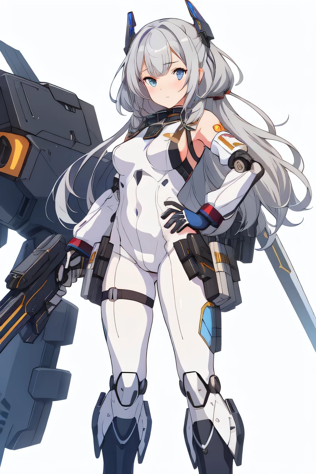 White single ponytail,White single eye mask,sea blue pupils,side hair twisted braid,EVA black and white tight suit,Golden crystal hanging around the neck,girl,There is an EVA mecha beside me