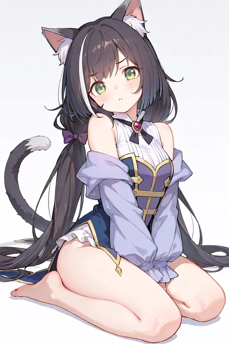 Score_9, Score_8_up, Score_7_up, Score_6_up, Score_5_up, Score_4_up, source_anime, 1girl, karyl, animal ear fluff, animal ears, black hair, black ribbon, cat ears, cat girl, cat tail, fang, green eyes, hair bow, long hair, low twintails, multicolored hair, purple bow, ribbon, skin fang, streaked hair, tail, twintails, vertical stripes, white hair, standing, pussy juice