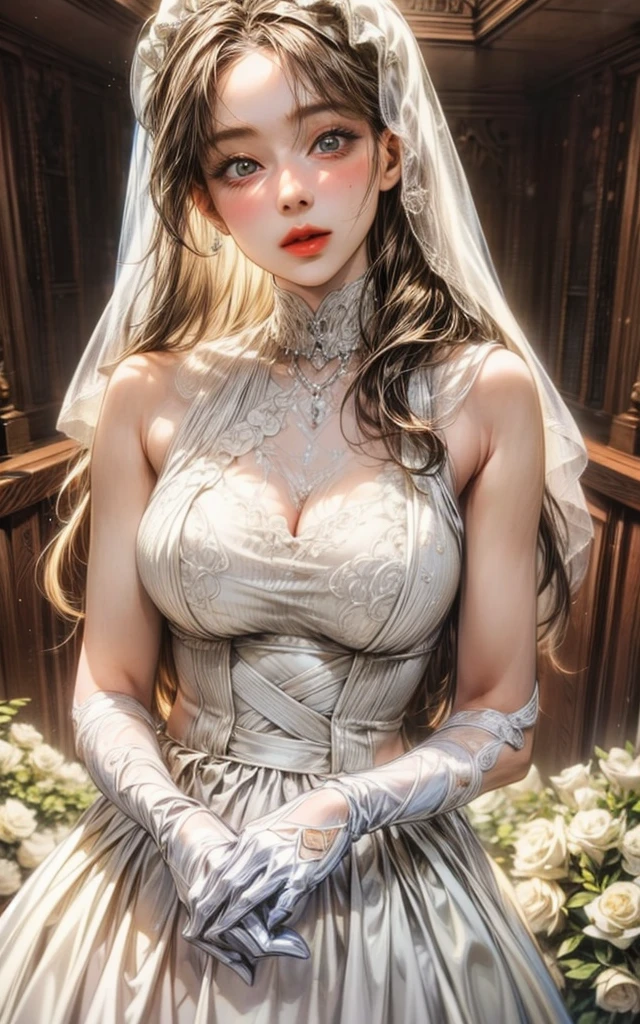 Off-the-shoulder white wedding dress, Snow White Veil, choker, silver tiara, necklace, earrings, church background, kanu unchou, anime cels style, best quality, high resolution, 1girl, (huge breasts:1.2), beautiful face, black hair, long hair, ((hair over one eye)), closed eye, puckered up lips, want to kiss