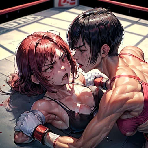 a bloody beautiful young Japanese female fighter is beated down in the fighting ring. Blood is dripping from her nose. She is covered in scars and bruises. she is lying down. she is damaged terribry. she was defeated. she lost the fight. she was knocked out. Short-cut black hair, out of breath, drooling from mouth, crying, exhausted, drenched in sweat. Muscularity. Six-pack abs. Erect nipples. sports-bra, bikini shorts, open finger glove.