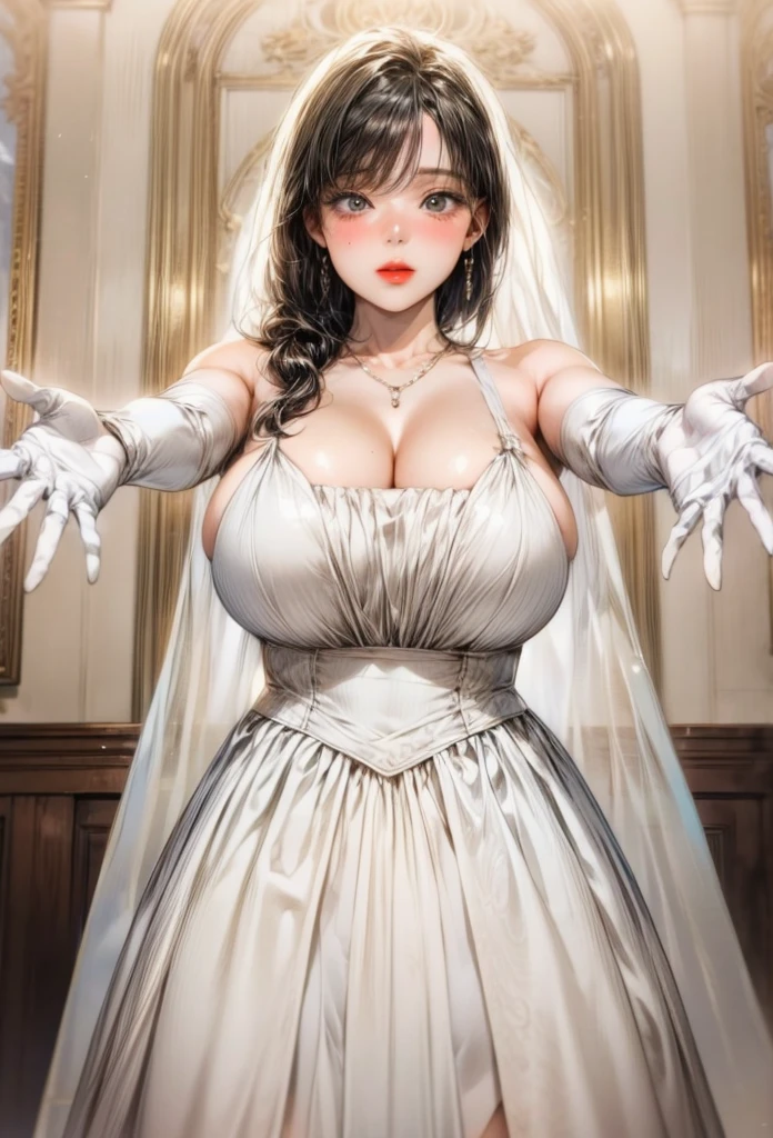 ((RAW images)),(Highest quality, Realistic, In detail, High resolution, 8k wallpaper),(Super Detail),((Very delicate and beautiful)), Beautiful and handsome Japanese women, (((Highest quality, 8k, masterpiece: 1.3)), Beautiful woman, 1 female, big: 1.3, Slim figure: 1.1, Bouncy dark brown long hair, (Shower, Wet body, Wet clothes: 1.1), Highly detailed face, Detailed Lips, Detailed Eyes, double eyelid, Raise your arms, Focus on the characters,Dynamic Angle,looking at onlookers with an intensely lewd gaze,((alone)),Are standing,((Extremely obscene whole body)),((a princess wearing a wedding dress that's a gorgeous evening gown with voluminous skirts)),((Beautiful bride with a mischievous smile)),Detailed, Big smile and eyes,Jewel-like eyes,((Very long and voluminous hair)),Gorgeous embroidery and lace,((Gorgeous corsage)),See through,(Gorgeous Jewelry Ornaments),Luxury Hair Accessories,Gorgeous jeweled tiara,Gorgeous frills,((Very lewd face and huge breasts)),indoor,extremely obscene church wedding,((Extremely obscene whole body)),Hoop skirt,crinoline,very long wedding veil,(((a mix of a bejeweled wedding dress and a luxuriously embroidered rococo ball gown))), (((Very obscene and huge breasts bigger than her face.:1.99))), ((Beautiful golden ratio obscene face))
