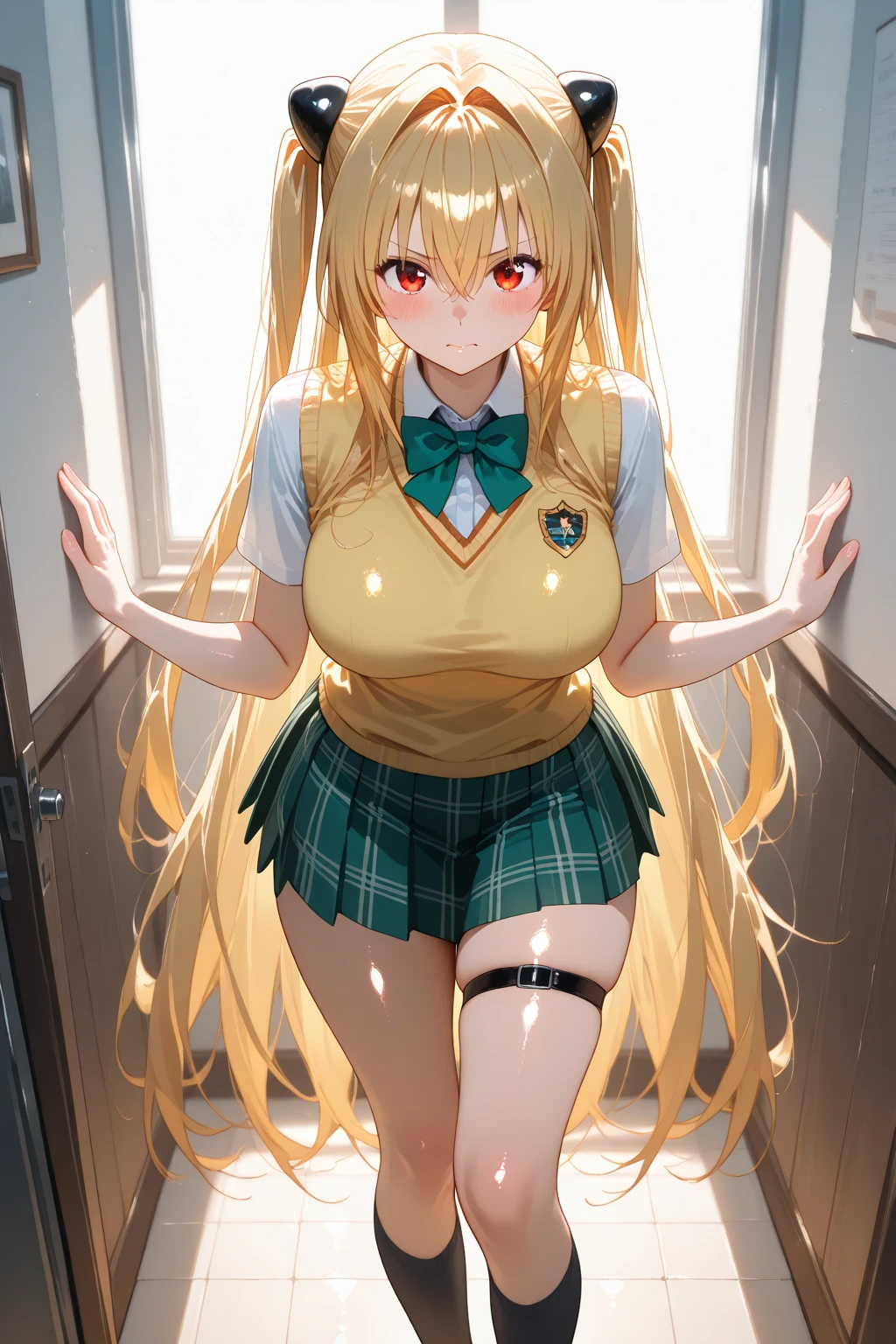 Loli, flat chest, full body, sun rays, dust particles, blonde hair, green eyes, low ponytail, parted bangs, (sweaty skin:1.2), corridor, elegant clothes, absurd detail, huge ass, wide hips, long hair, puffy nipples