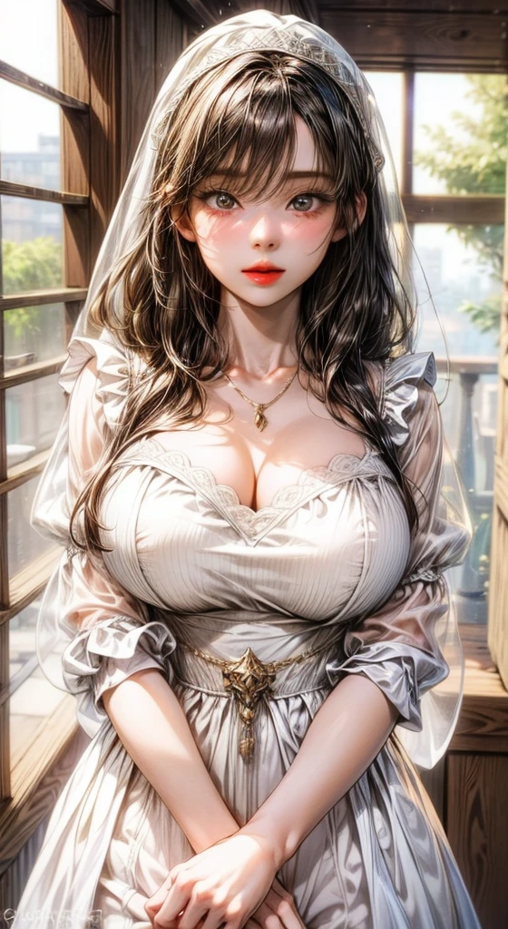 Classy sex appeal、Beautiful woman、Transparent skin、Perfect natural light、8K High Resolution、High resolution、Glowing Beautiful Skin、Transparent beauty、masterpiece、Moist eyes、Bright spot、Gravure quality、Light hair color、Fantastic medieval European style、Sister、High Priest、The middle of a journey